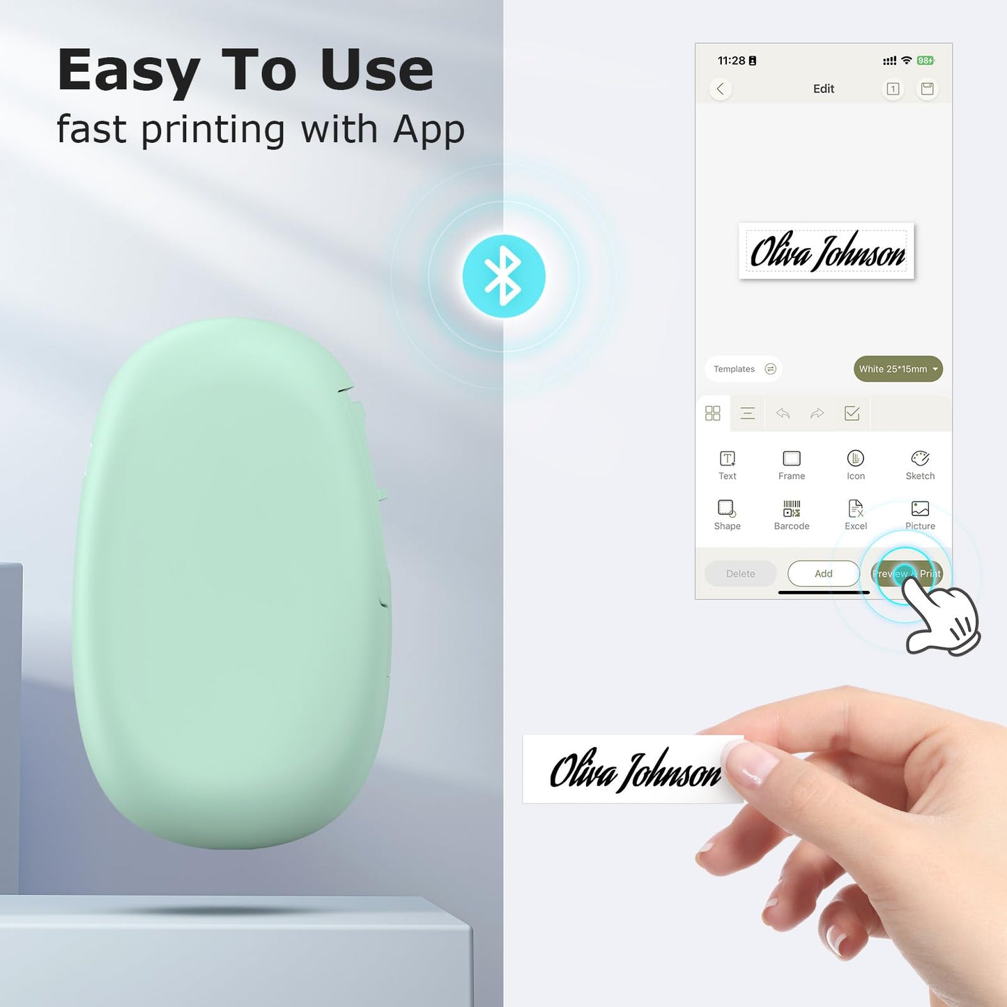 SUPVAN E10 Bluetooth Label Maker Machine with 3 Tapes, Continuous Waterproof Label, Versatile App with 30+ Fonts and 660+ Icons, Inkless Labeler for Home, Kitchen, School, Office Organization, Green