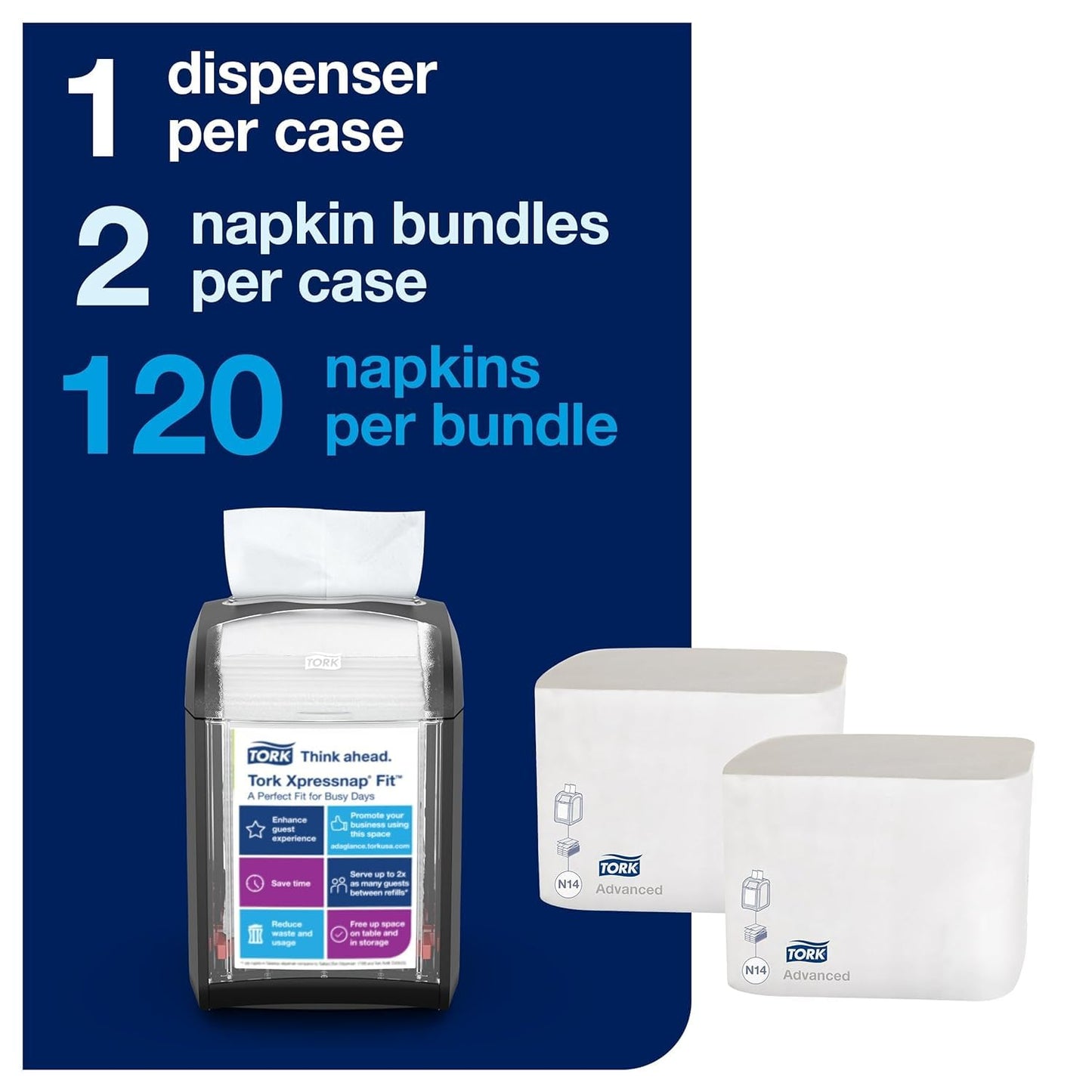 Tork Xpressnap Fit Napkin Dispenser Compact Design, One-at-a-Time Dispensing, Black, N14 System Compatible 2 x 100 White Napkins (800723)