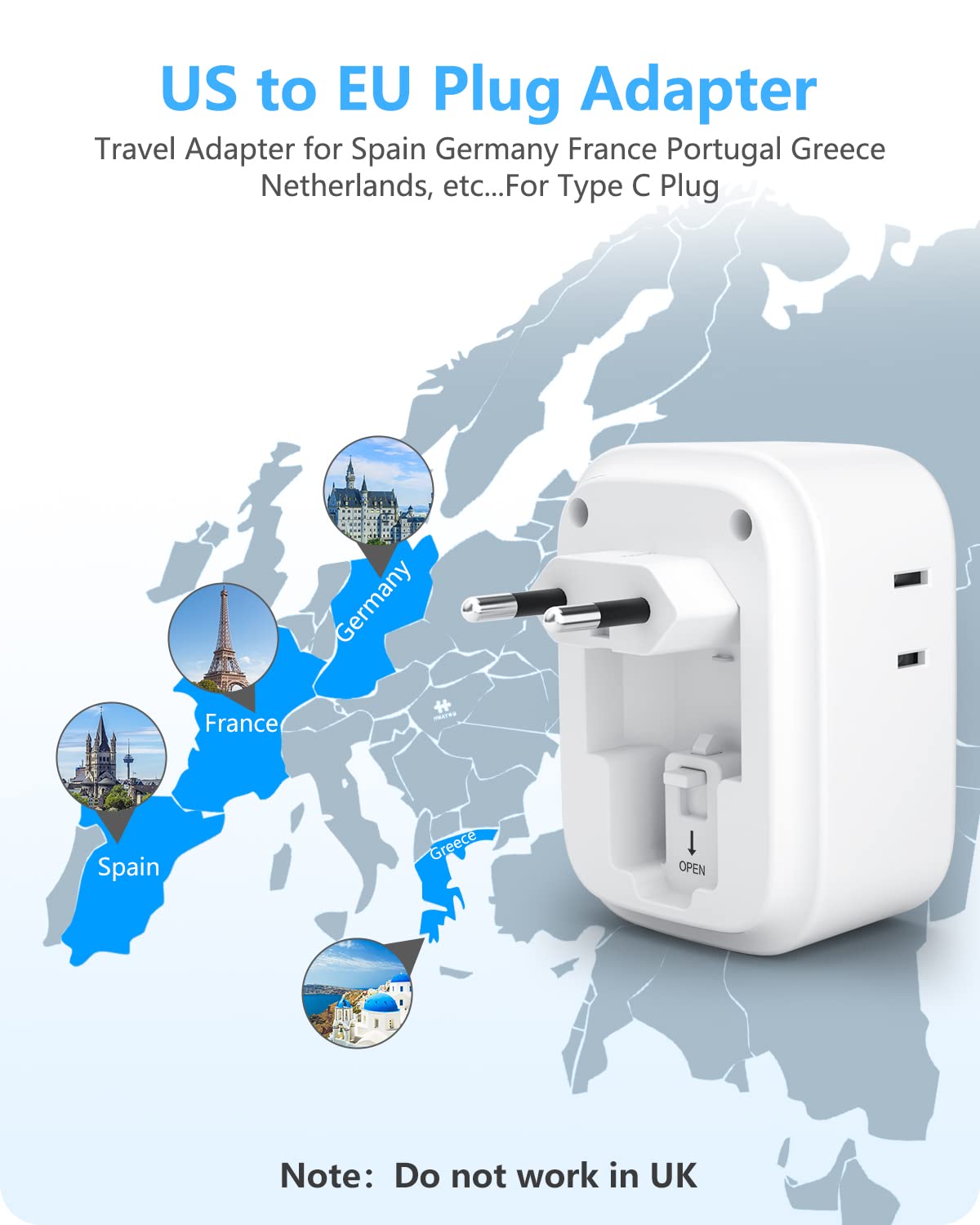 2 Pack European Travel Plug Adapter, LENCENT International Type-C Foldable Power Plug with 4 Outlets, USB C Charger Adaptor, Canada/US to Most of Europe EU Iceland Spain Italy France Germany Greece
