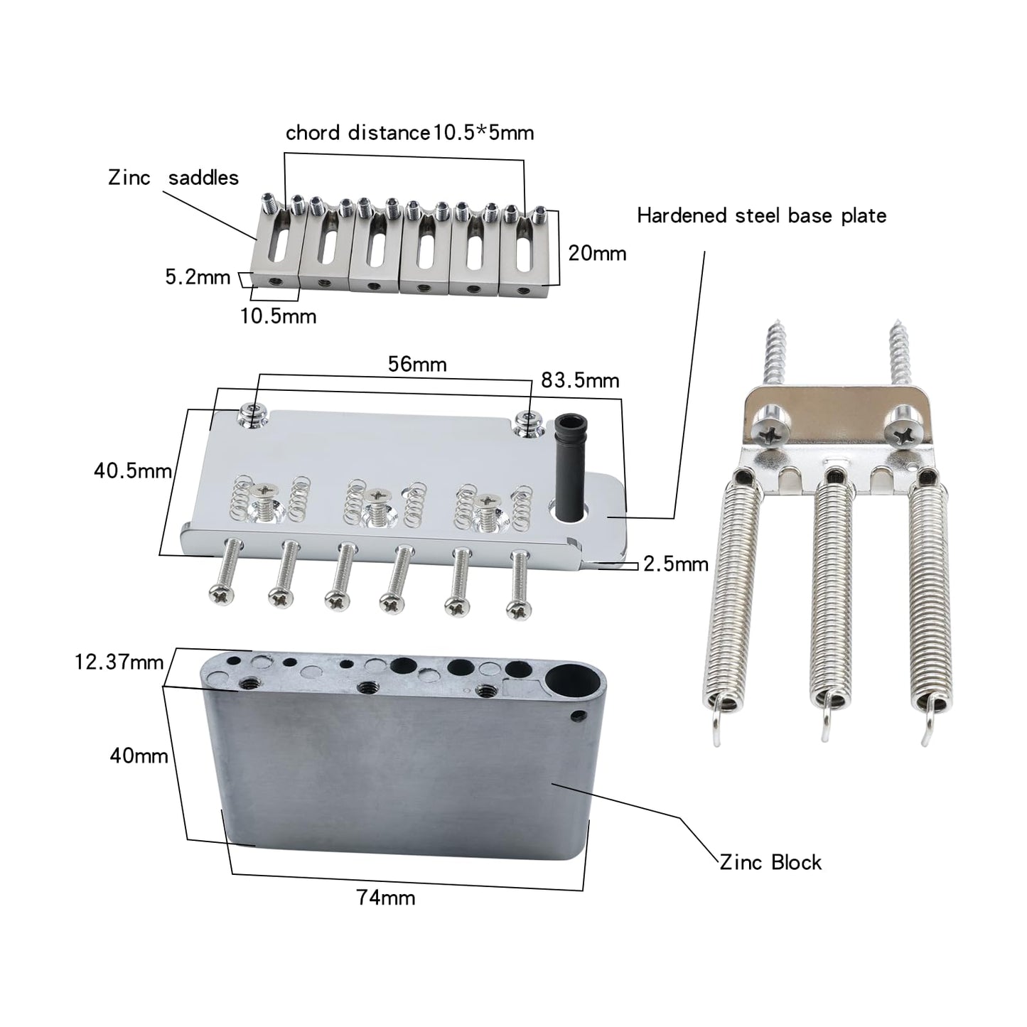OVSAL 52.5mm Electric Guitar Bridge Chrome 2-Point Tremolo Bridge with Stainless Steel Plate and Zinc Alloy Saddles Electric Guitar Parts for 6 String Strat Stratocaster