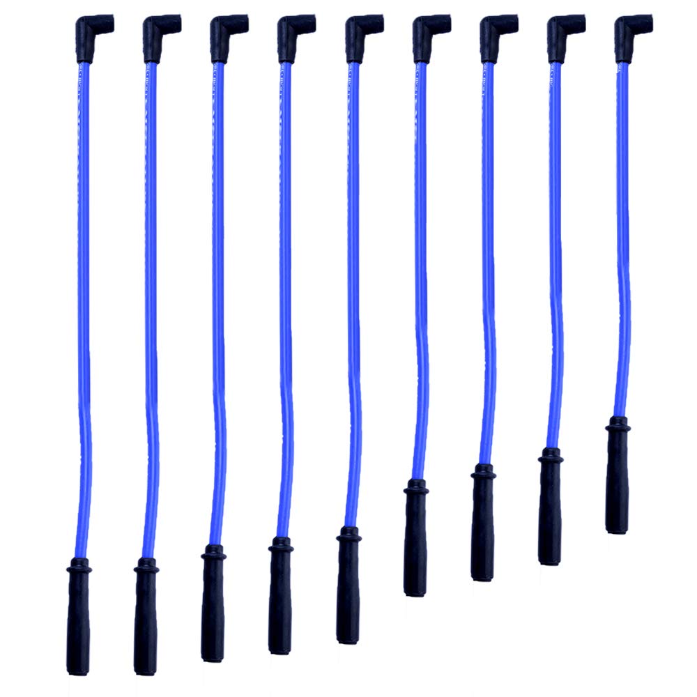 Vkinman 10.5mm Spark Plug Wire Set, 9Pcs 90 to Straight Spark Plug Cables Replacement for Chevy HEI SBC BBC 350 383 454, Blue