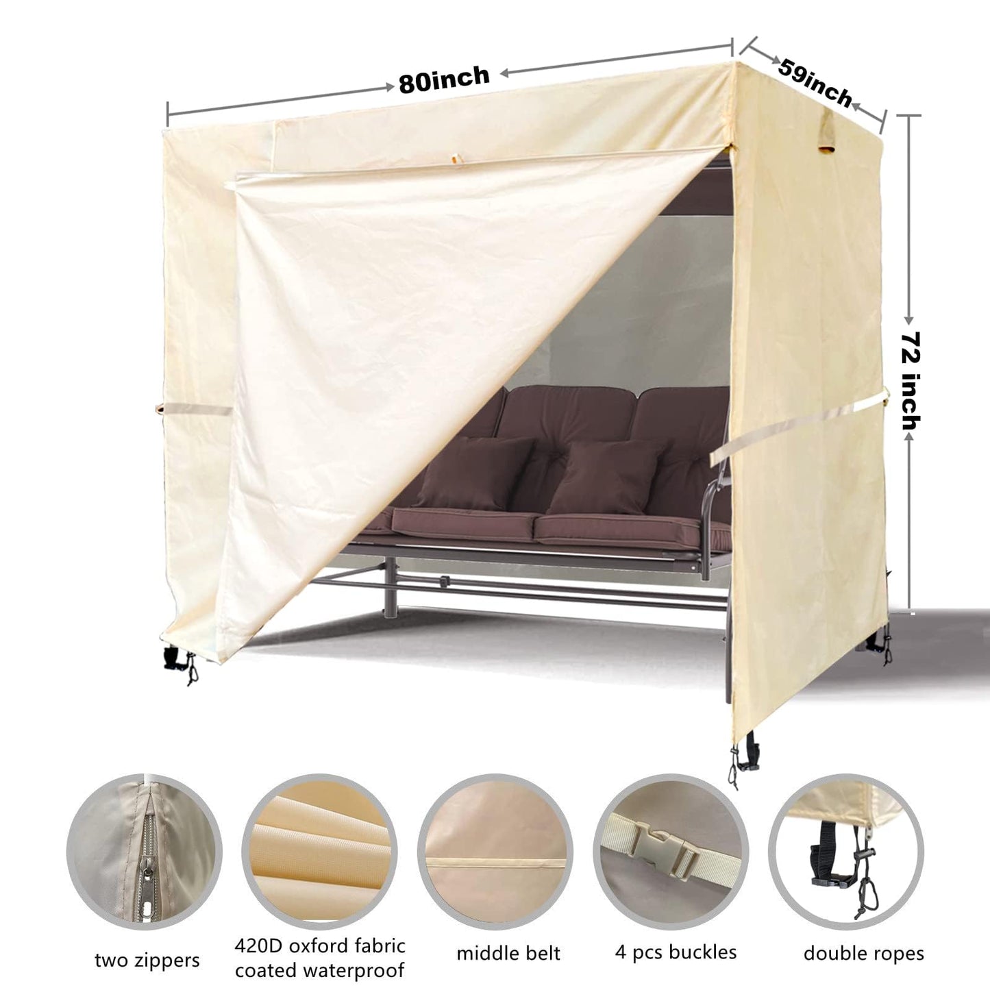 Ourdoor Swing Cove,2 Triple Seater Hammock Cover Garden Swing Cover Garden Hammock Glider Chair Cover Outdoor Swing Cover UV Resistant Swing Canopy Cover (80*59*72 inch) Beige