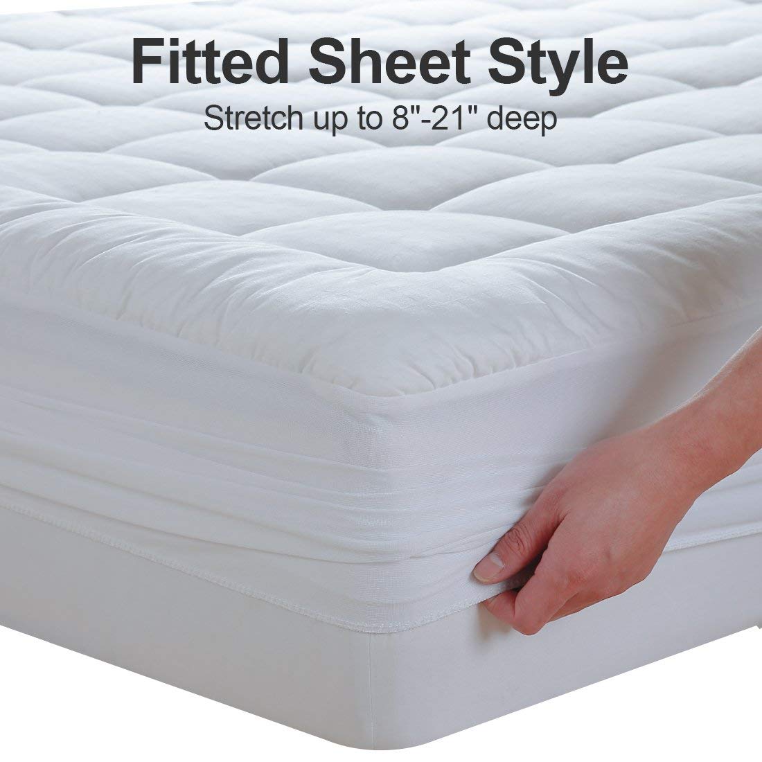 EASELAND Queen Size Cooling Mattress Pad Pillow Top Mattress Cover Quilted Fitted Mattress Protector Cotton Top Stretches up 8-21" Deep Pocket Mattress Topper (60x80 inch, White)