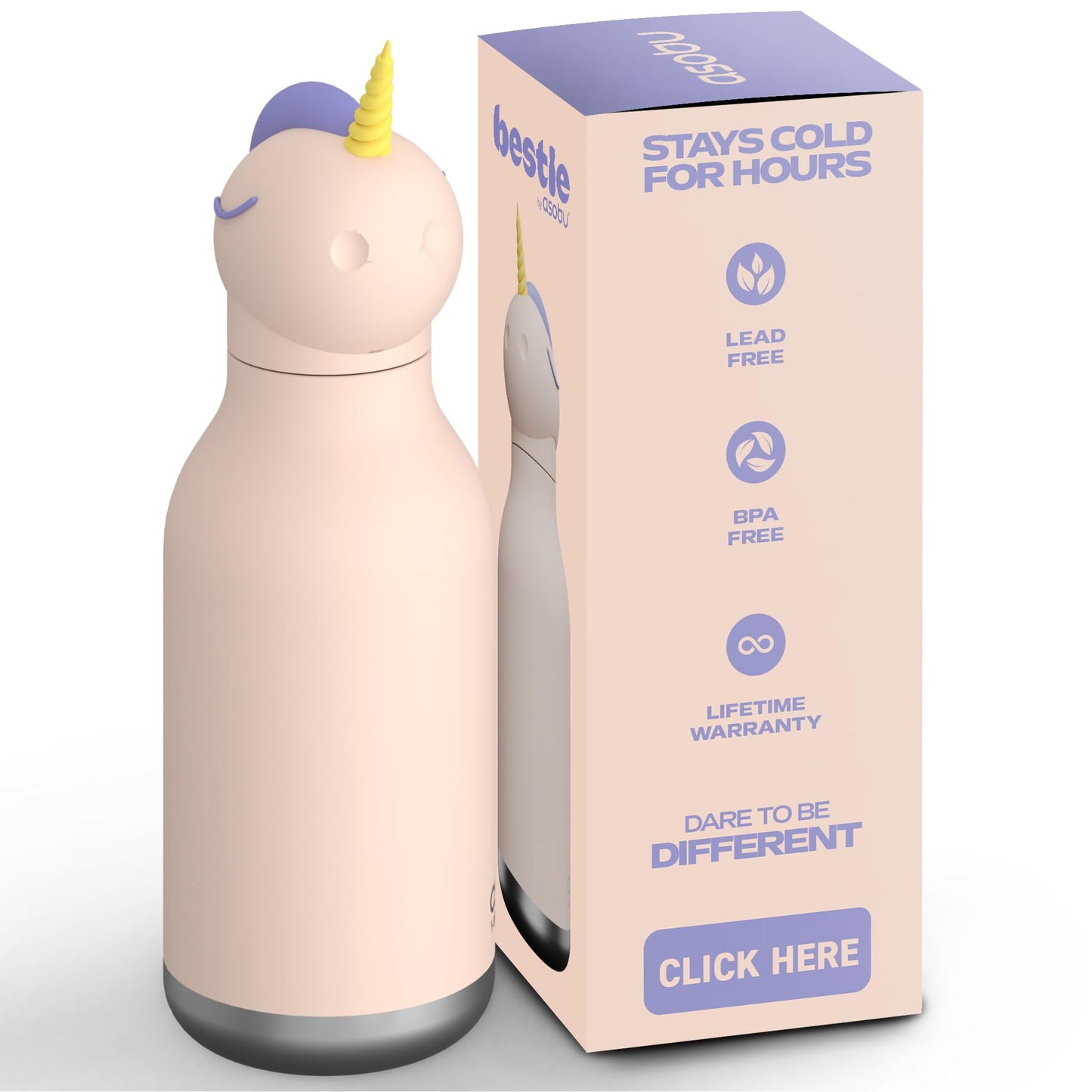 asobu Bestie Bottle Insulated Stainless Steel Water Bottle with Detachable Soft Animal Head Fun Drinking For Kids and Teens with Flexible Reusable Straw 16 Ounce (Unicorn)