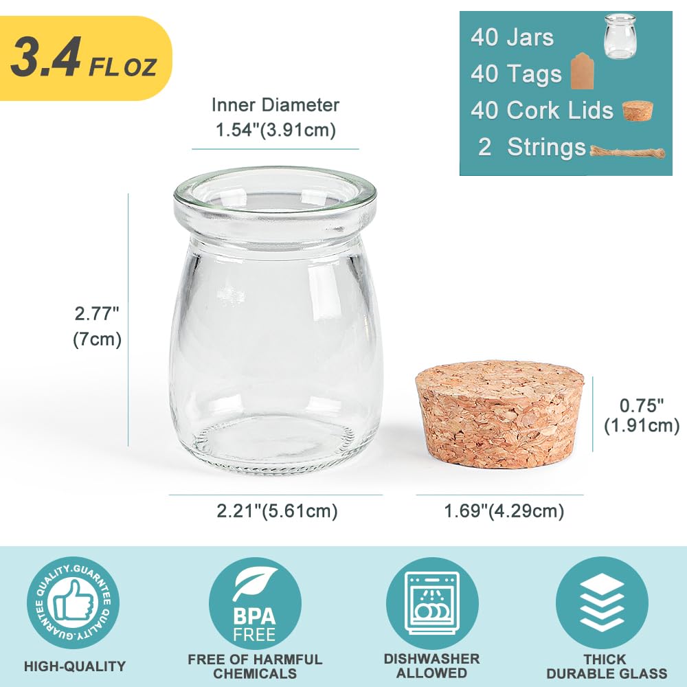 Ritayedet 40 Pack Small Glass Jars for Favors, 3.4 oz Glass Jars with Cork Lids for Candle, Potion Bottles, Spice, Yogurt, Candy, Wedding, Baby Shower, Decoration, Party(Bonus Twine and Labels)