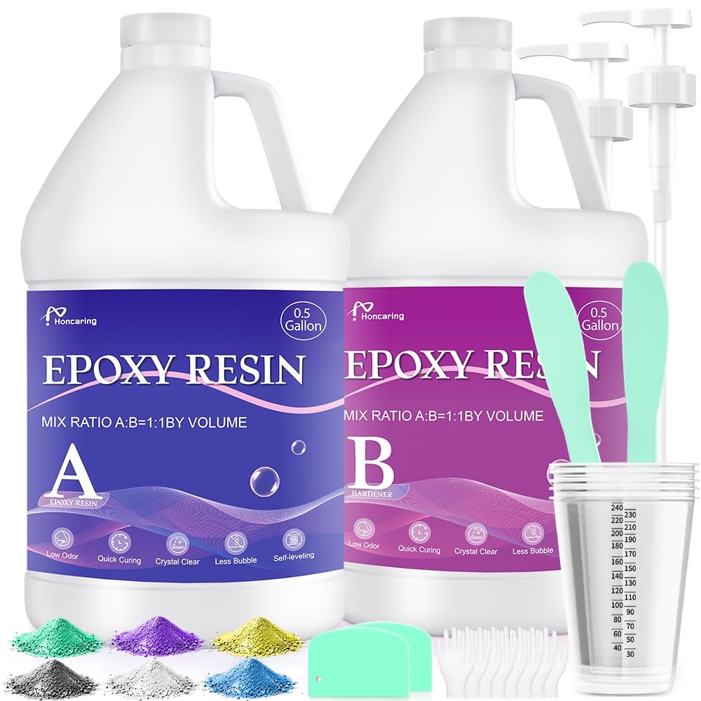 Honcaring 1 Gallon Epoxy Resin Kit, Crystal Clear and Fast Curing, Bubble Free 2 Part Resin for Casting, Coating, Jewelry, Wood, and DIY Art, Beginner Friendly (0.5 Gallon×2)
