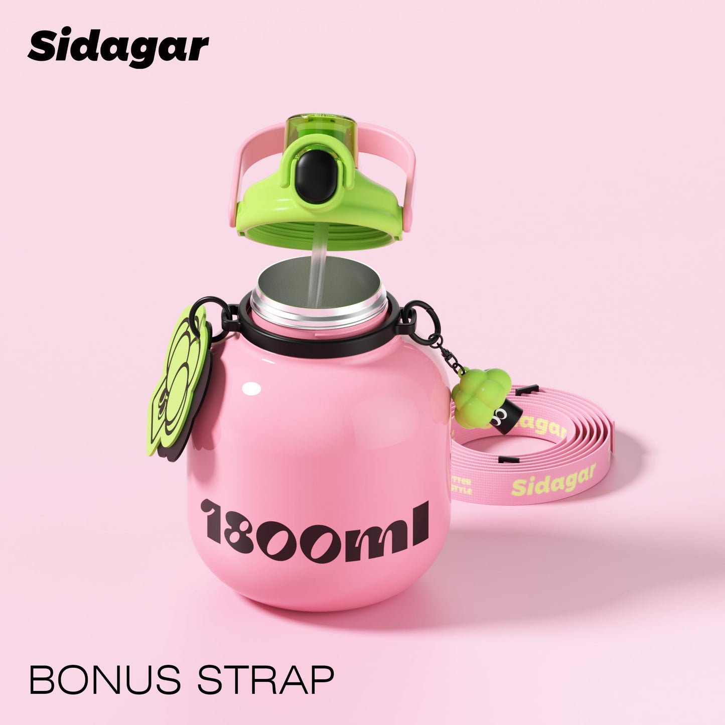 Sidagar 60 oz Half Gallon Insulated Water Bottle with Handle, 316 Stainless Steel Leakproof Large Travel Flask with Cute Doll Charm, Aesthetic Strawberry Pink Gift for Women Girl