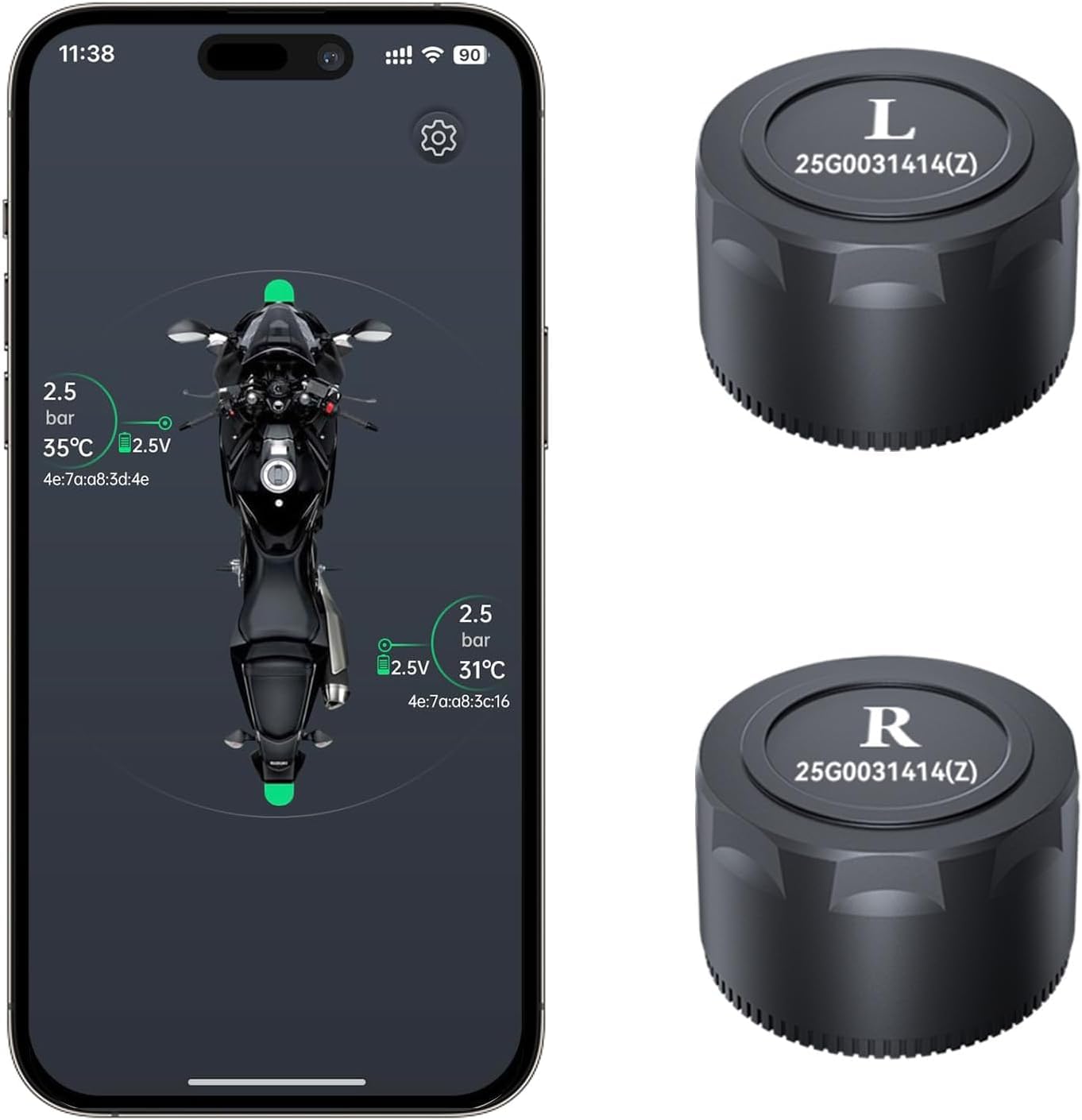 OBEST Motorcycle Tire Pressure Monitoring System, Tire Pressure and Temperature Alarm, Motorcycle TPMS with 2 External Sensors, Support iOS and Android