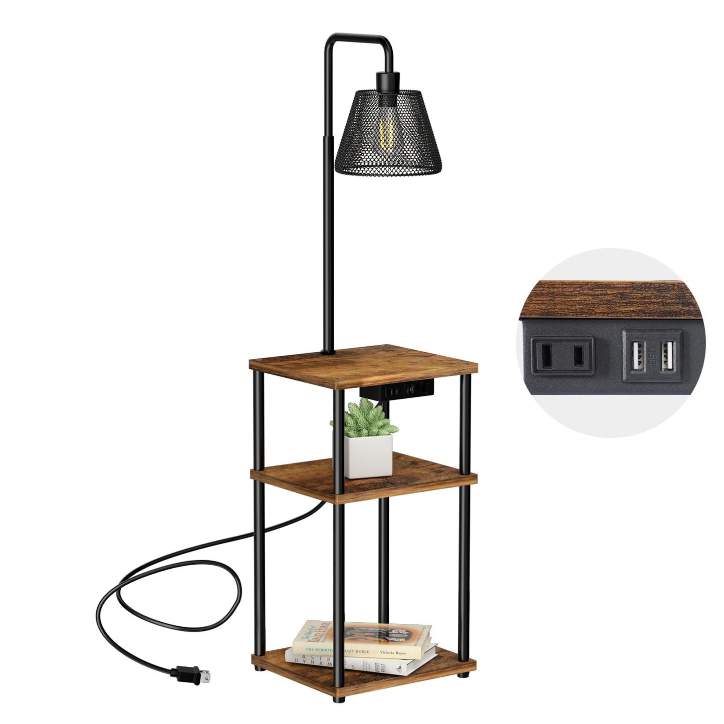 Pazarfami Floor Lamp with Table,Foor Lamp with Shelves,Side Table with USB Charging Port and Outlet,Modern Bedside Nightstand End Table with Lamp for Living Room,Bedroom,Guest Room,Bulb Included