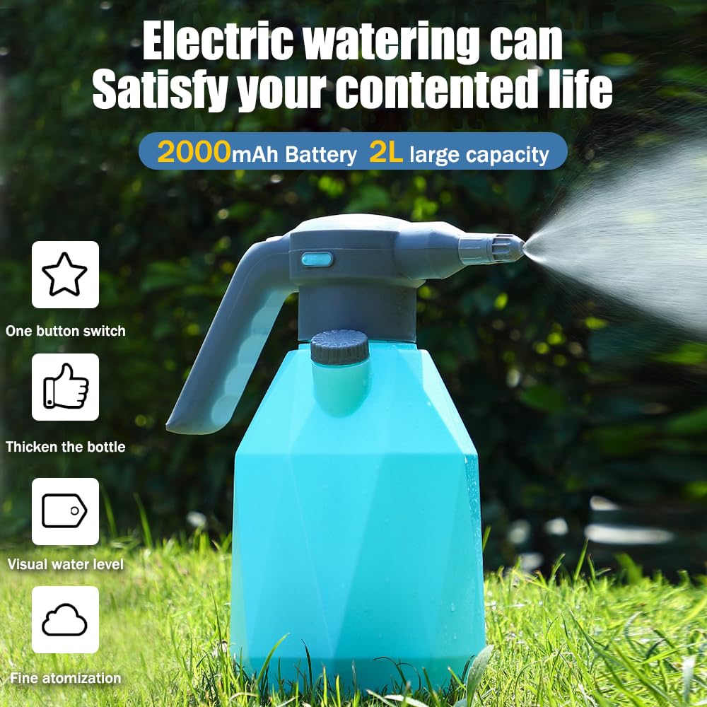 OBEST Cordless Electric Water Sprayer Rechargeable Garden Sprayer, Handheld Automatic Plant Mister Spray Bottle 2L USB Watering Can, Fine Mist Sprayer for Indoor Outdoor Plants, Green