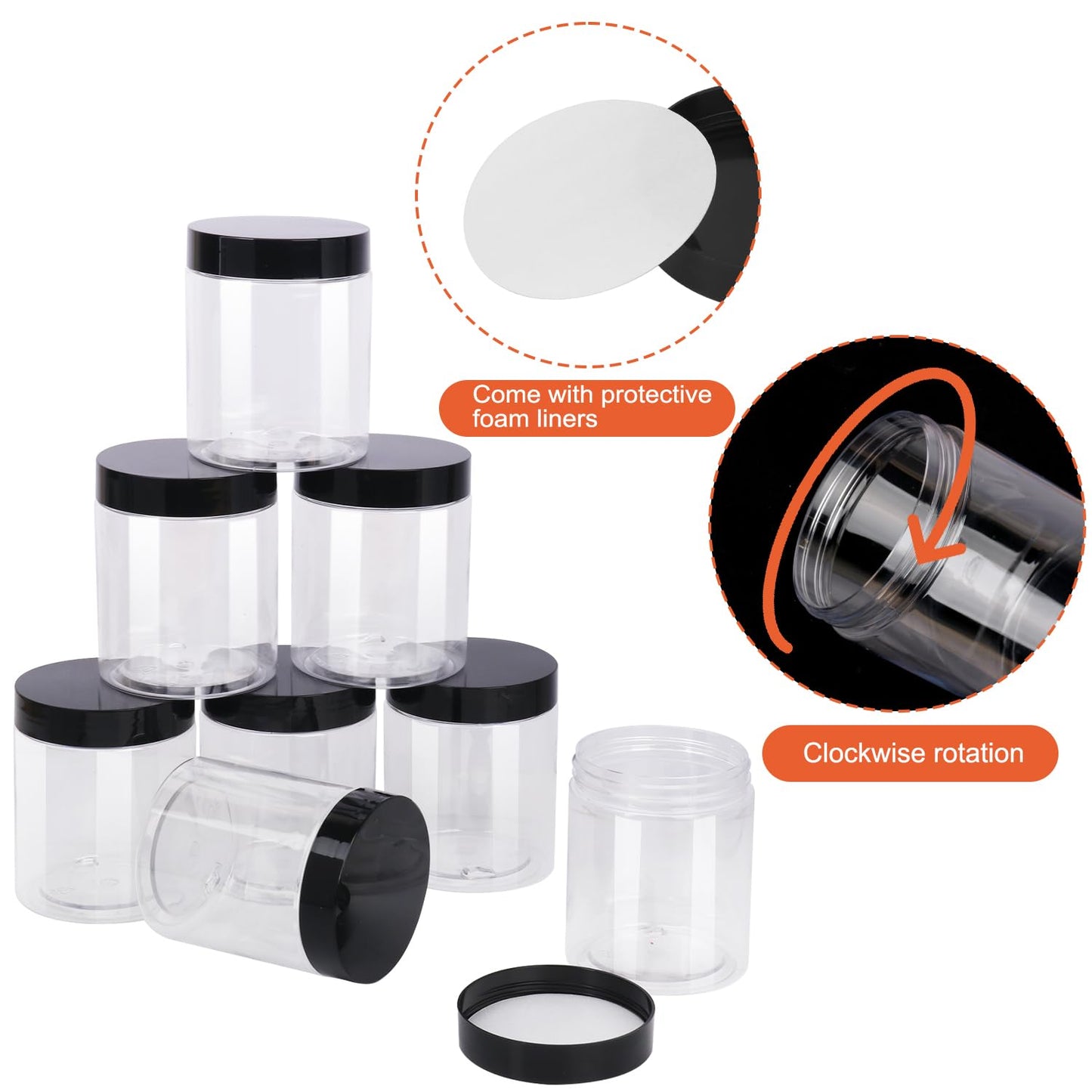 IHDYPPEW 48 Pack 8 OZ Clear Plastic Jars with Black Lids, Empty Plastic Mason Jars, Plastic Cosmetic Jars with Lids for Cream, Body Butters, Moisturizers, Candy, Beads, Samples (Clear)