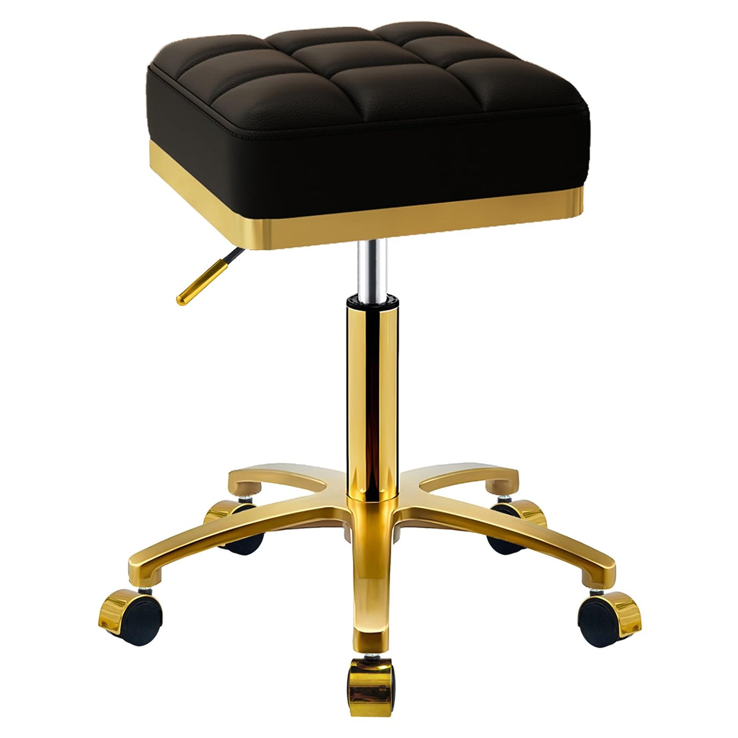 CQAEBK Square Rolling Stool Gold Adjustable Swivel Stools with Wheels, Vanity Lash Nail Salon Spa Roller Chair, Esthetician Massage Office Pedicure Stool, Heavy Duty Gold Plated Frame (Black)