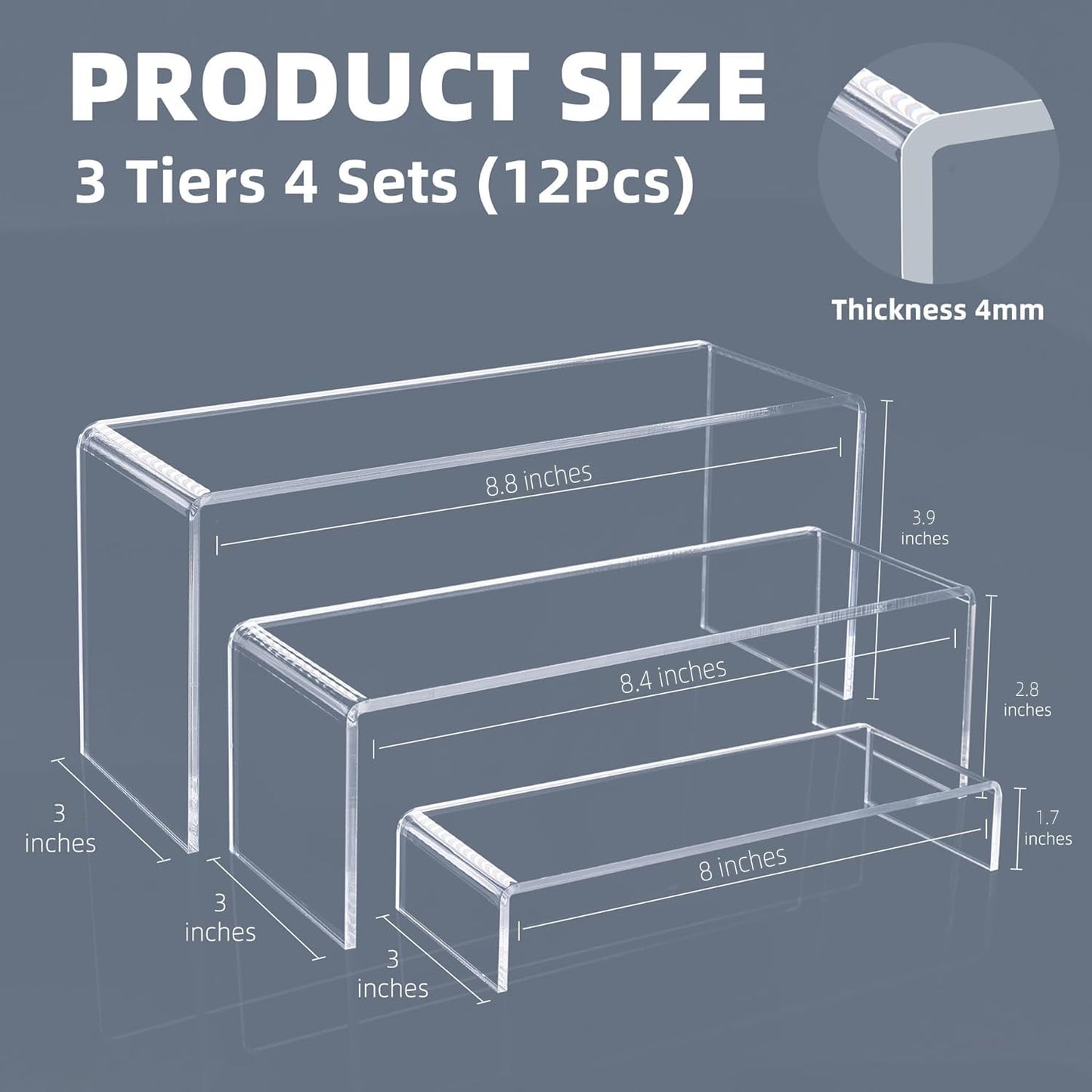 Goabroa 12 Pcs Clear Risers Display Stands, 3 Tiers 4mm Thick Transparent Display Risers Ideal for Collectibles Stand, Party Cake Dessert Holder, Floating Visual Display Shelves