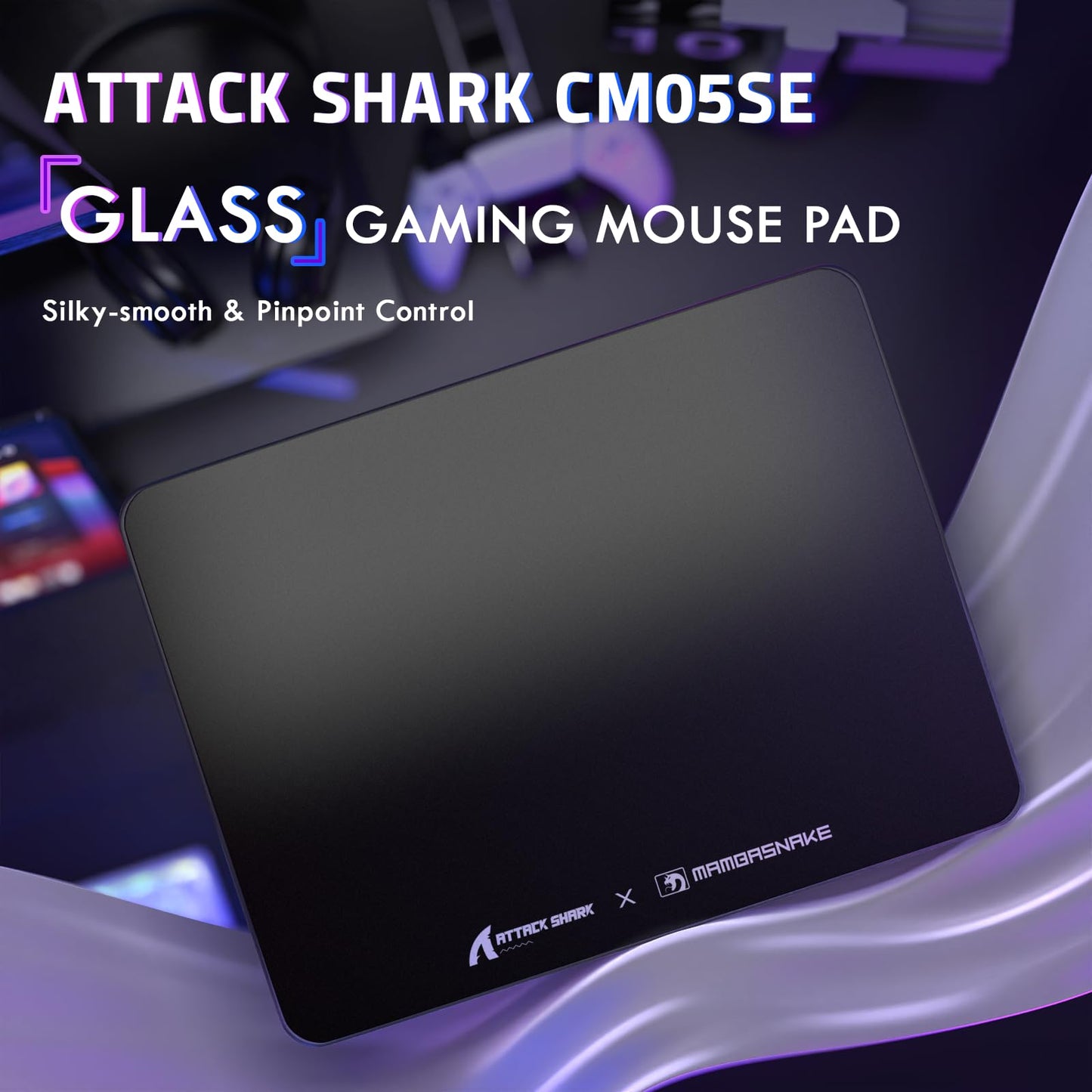 Attack Shark CM05SE Glass Gaming Mousepad,Nano-Micro-Etched Texture,Smooth Glass Surface,High Accuracy,Fast-Moving,Anti-Scratch, PU Leather Super Non-Slip Base,Small Size(410×310mm),Black