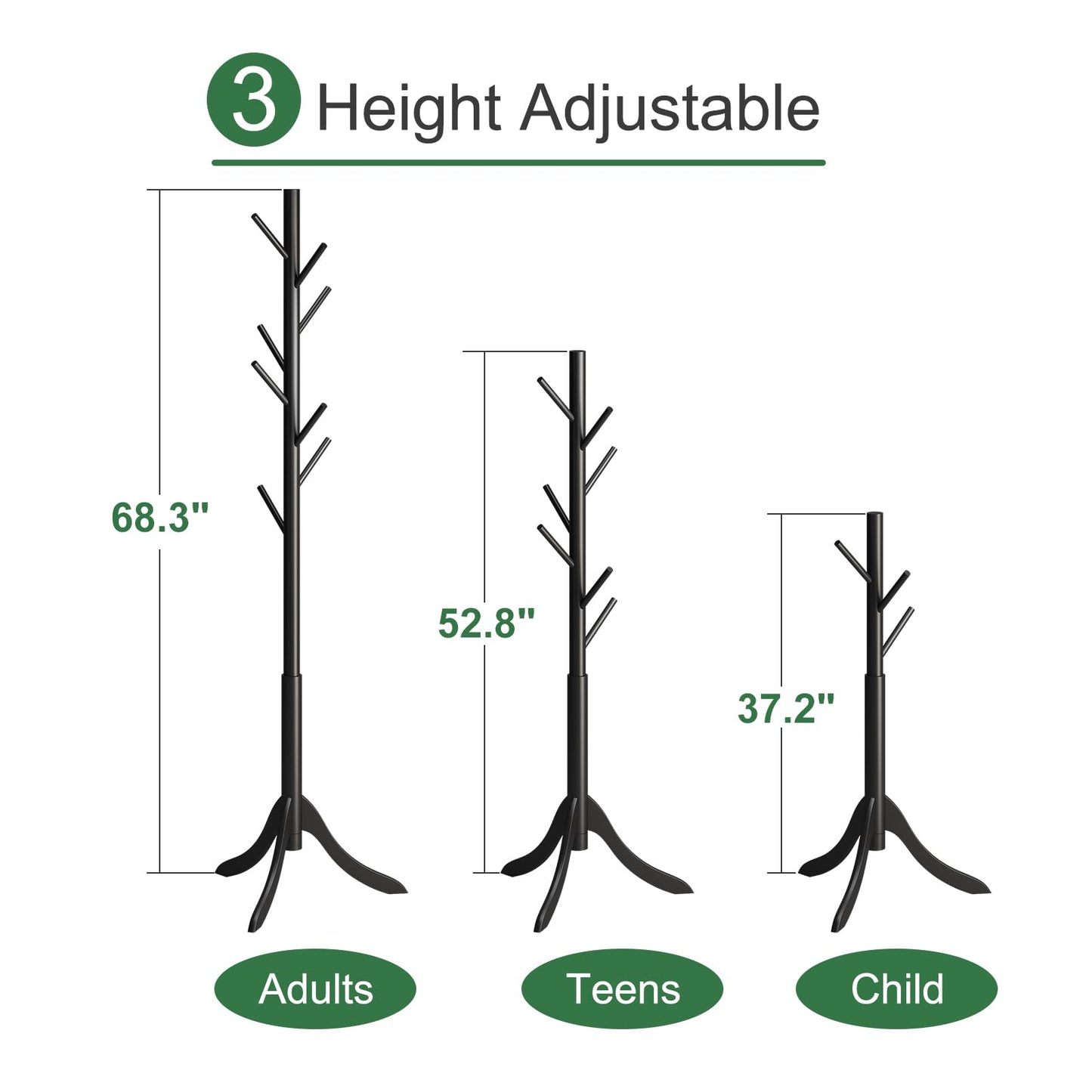 Black Coat Rack Stand, Bamboo Wood Coat Tree with 8 Hooks, Hallway Entryway Hat Hanger Organizer Standing for Bedroom, Office, Clothes, Jackets, Bags, Umbrellas