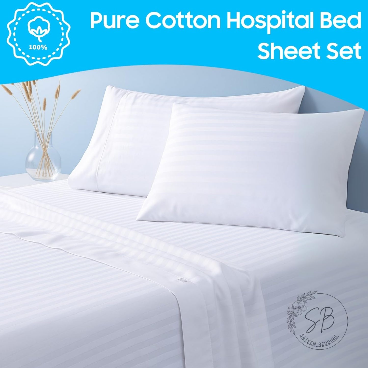 3 Piece Hospital Bed Sheet Set, 100% Egyptian Cotton 450 Thread Count, Soft and Comfy, Standard Size 36X80 Inch with 6 Inch Deep Pocket, White Stripe