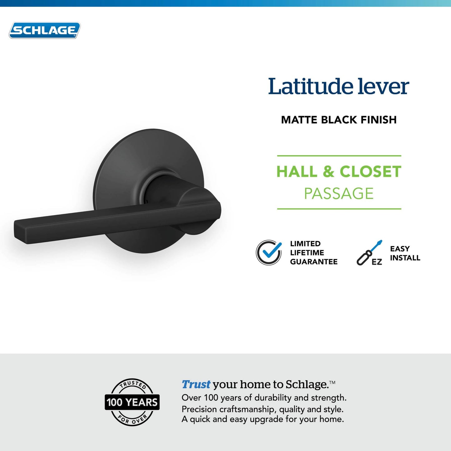 Schlage F10 V LAT 622 Latitude Door Lever with Standard Trim, Hall & Closet Passage Lock, Matte Black