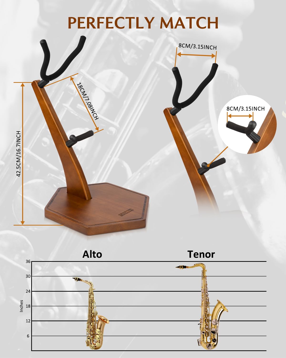 STRICH Wooden Saxophone Stand Display For Alto Tenor Sax, Handmade Solid Wood Floor Stand Holder Colour Walnut, Weighted Heavy Base (FH-4, Sax)