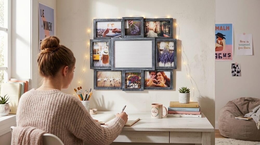 Melannco Customizable Letterboard 8-Opening Photo Collage, 19 x 17 inch,Distressed Black