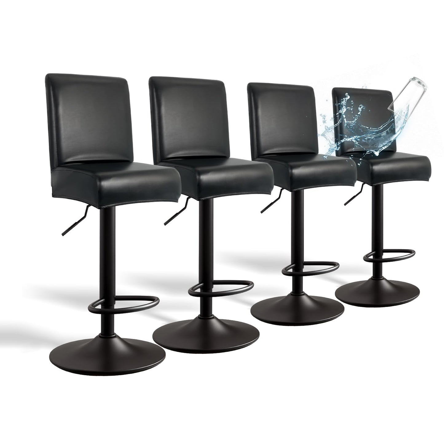 PU Leather Bar Stool Covers with Backs, 4 Pack Stretch Waterproof Bar Stool Chair Covers Washable & Comfortable Barstool Covers Slipcovers with Back for Pub/Counter/Dining Room Decoration (Black)