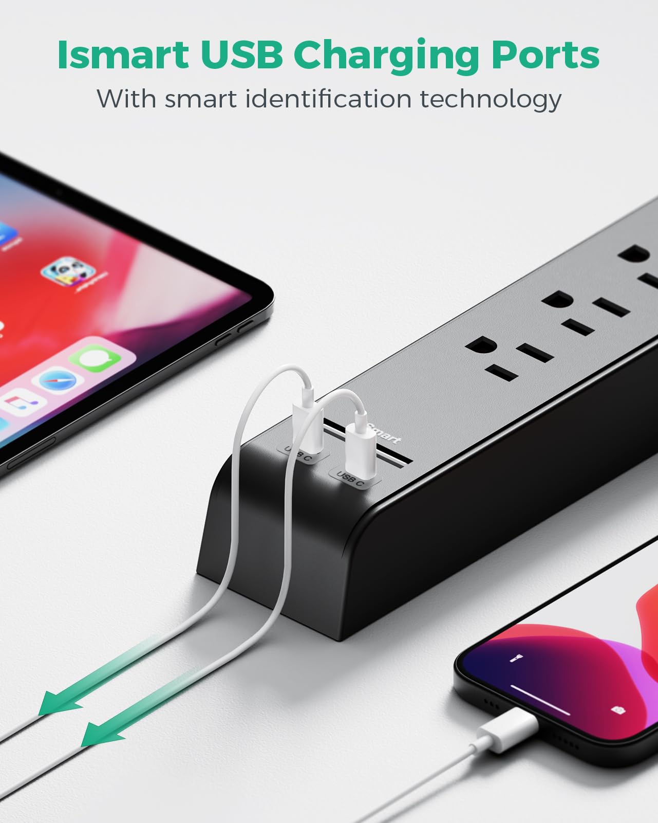2 Pack-12FT Long Power Bar Surge Protector - with 6 Outlets 4 USB Ports, Heavy-Duty Braided Extension Cord, Flat Plug, 900 Joules, 15A Circuit Breaker, Wall Mount for Home Office