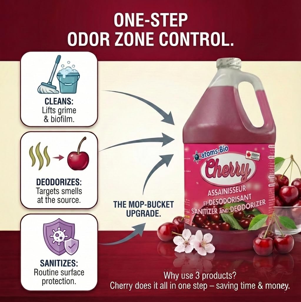 atoms-Bio CHERRY 3-in-1 Odor Eliminator & Sanitizer Concentrate – Industrial Cleaner & Deodorizer for Floors, Carpets, Bathrooms, Drains, Garbage, Pet Odors - CFIA Accepted - 3.78 L -Made in Canada