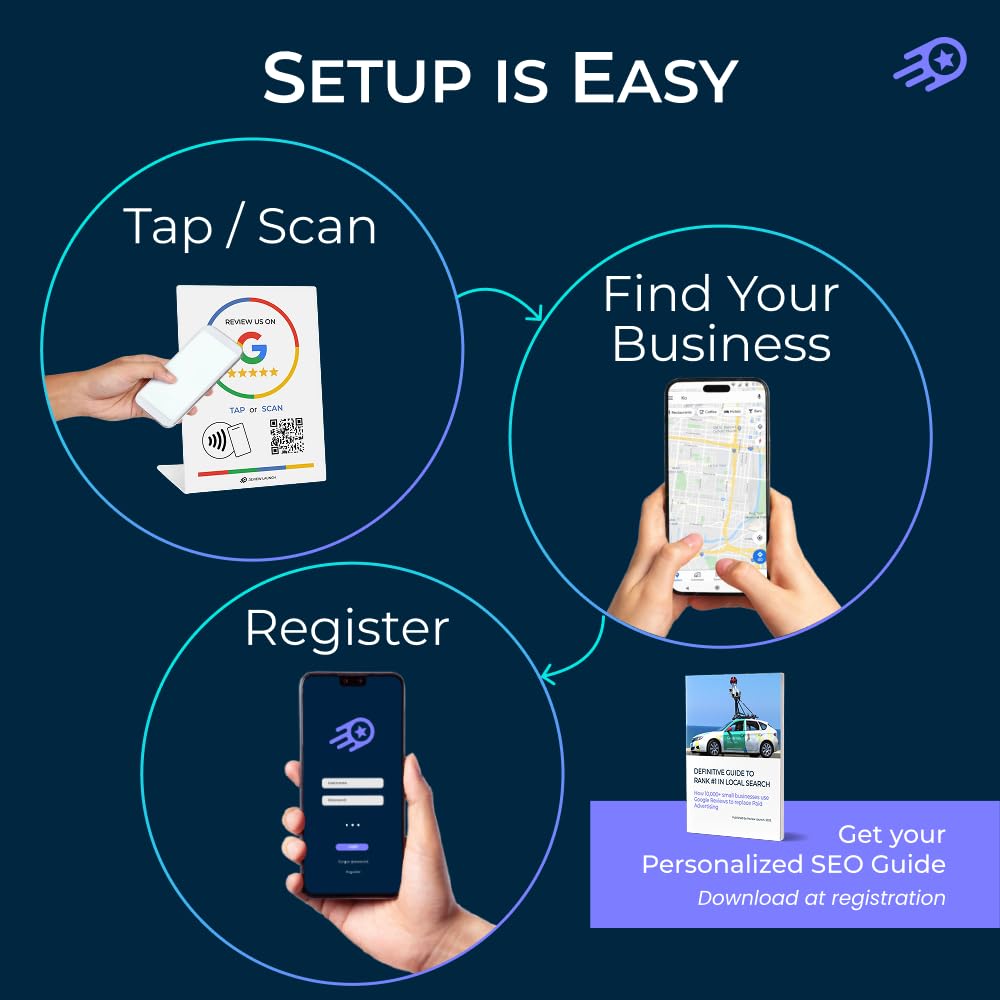 Review Launch Review Stand Compatible with Google Reviews | Boost Online Reviews and Google Rank with Fast Zappy NFC Tap Card QR Code Stand Works Like Digital Business Card (Large Stand, 3 Pack)