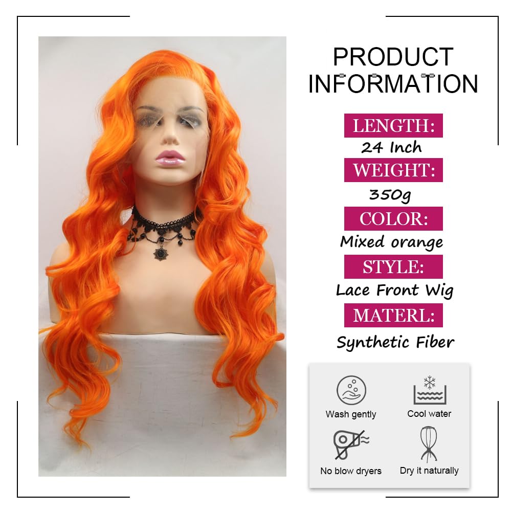 Angle Lucky Pastel Orange Wigs for Women Long Loose Wavy Mixed Orange Wig Natural Hairline Lace Frontal Wig Heat Resistant Fiber Premium Glueless Wig Drag Queen Halloween