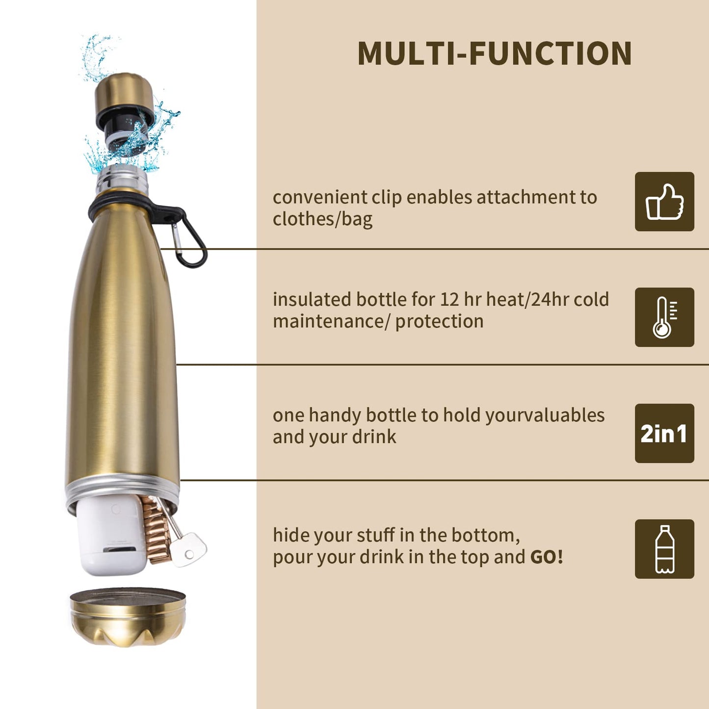 Diversion Safe Golden Water Bottle - All Stainless Steel Stash Container with Hidden Compartment for Cards, Keys, Cash & Valuables | Includes Free Hook & Smell Proof Bag