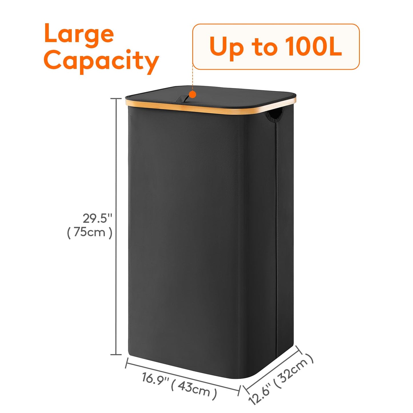 Lifewit Large Laundry Basket with Lid, Collapsible Laundry Hamper with Removable Laundry Bag, Tall Clothes Storage Laundry Bin with Bamboo Handles for Bedroom, Bathroom, Laundry Room, Black, 100L
