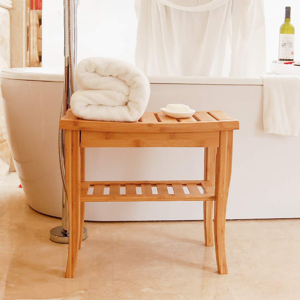 DlandHome Bamboo Bathroom Spa Shower Bench Foot Stool Bathing Seat with Storage Shelf