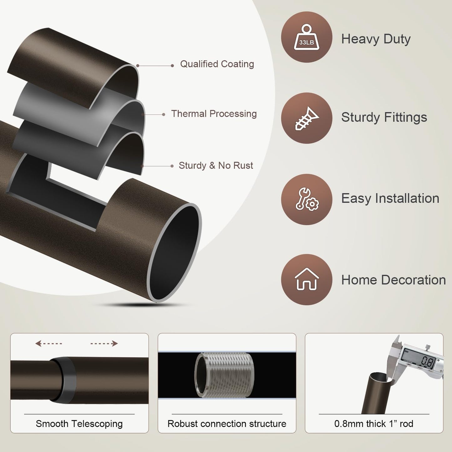 Modern Brown Curtain Rods for Windows 48 to 84 Inches Adjustable Length Heavy Duty 1" Diameter Window Curtain Rod with Decorative Finials for Outdoor Farmhouse Bedroom Kitchen Living Room