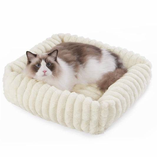 COSOC Cat Beds for Indoor Cats,Cozy Dog Bed for Small Dogs,Kitten Bed,Removable Washable Cover Puppy Beds Cream Plush,Pet Bed Medium Size (20x19x6 inches)