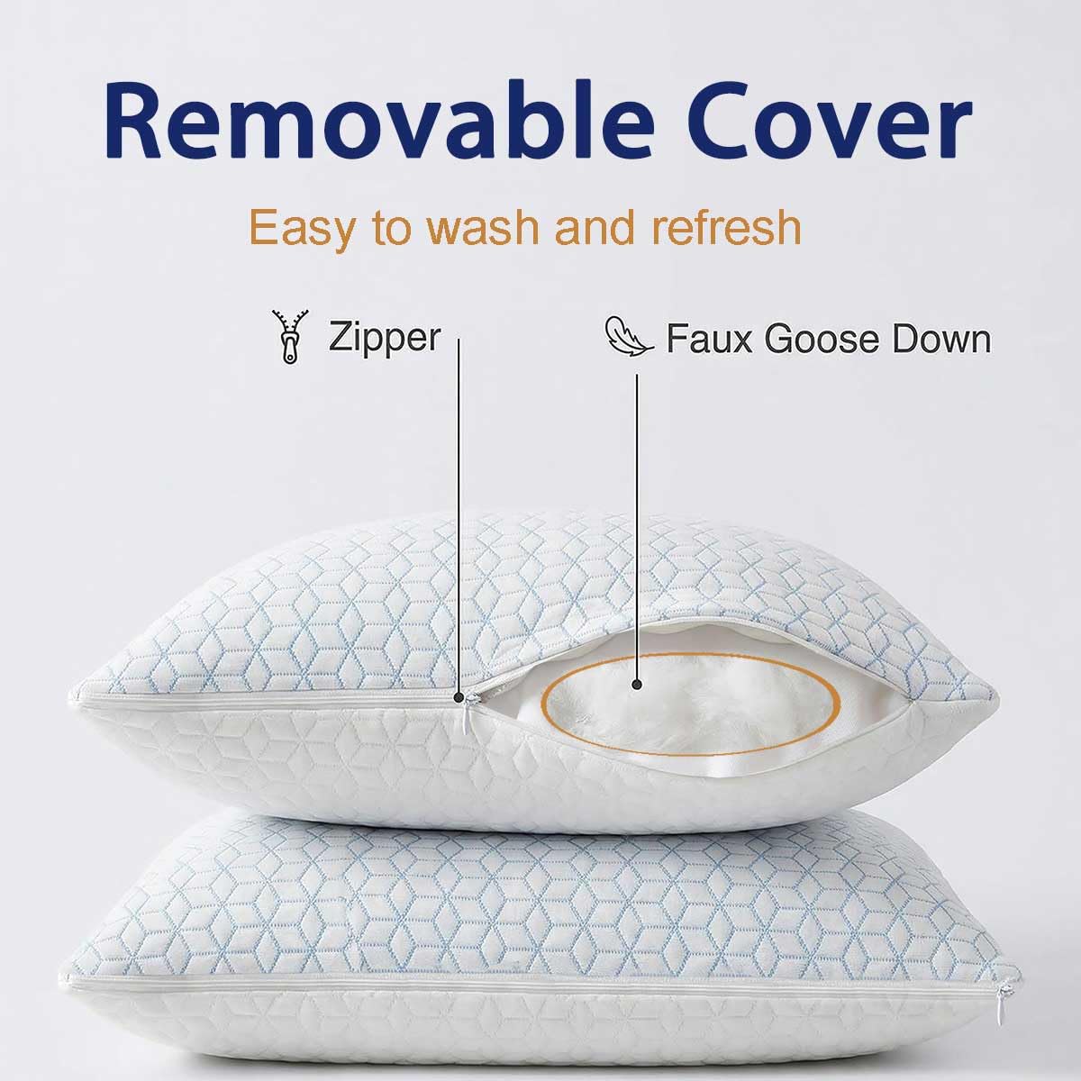 Faux-Goose Down Pillows Standard/Queen Size Set of 2, Cooling Soft Fluffy Pillows with Zippered Removable Cover(Rayon Drived from Bamboo Fabric) for Side Back Stomach Sleepers