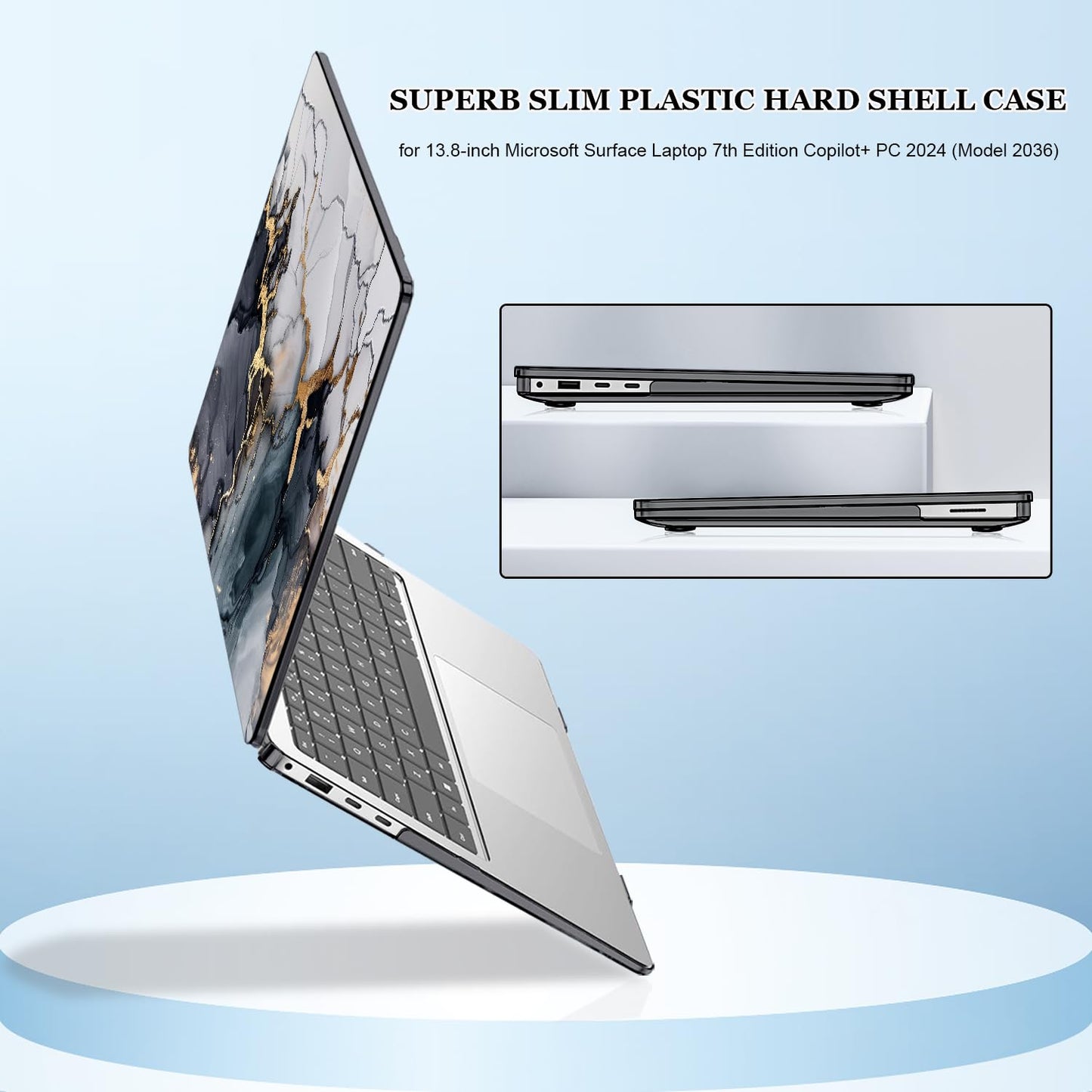 Seanai Protective Case Compatible with 2036 Microsoft Surface Laptop 13.8 inch Touchscreen 2024 (7th Edition), Plastic Hard Shell Case&Keyboard Cover&Screen Film, Marble Golden Patterns
