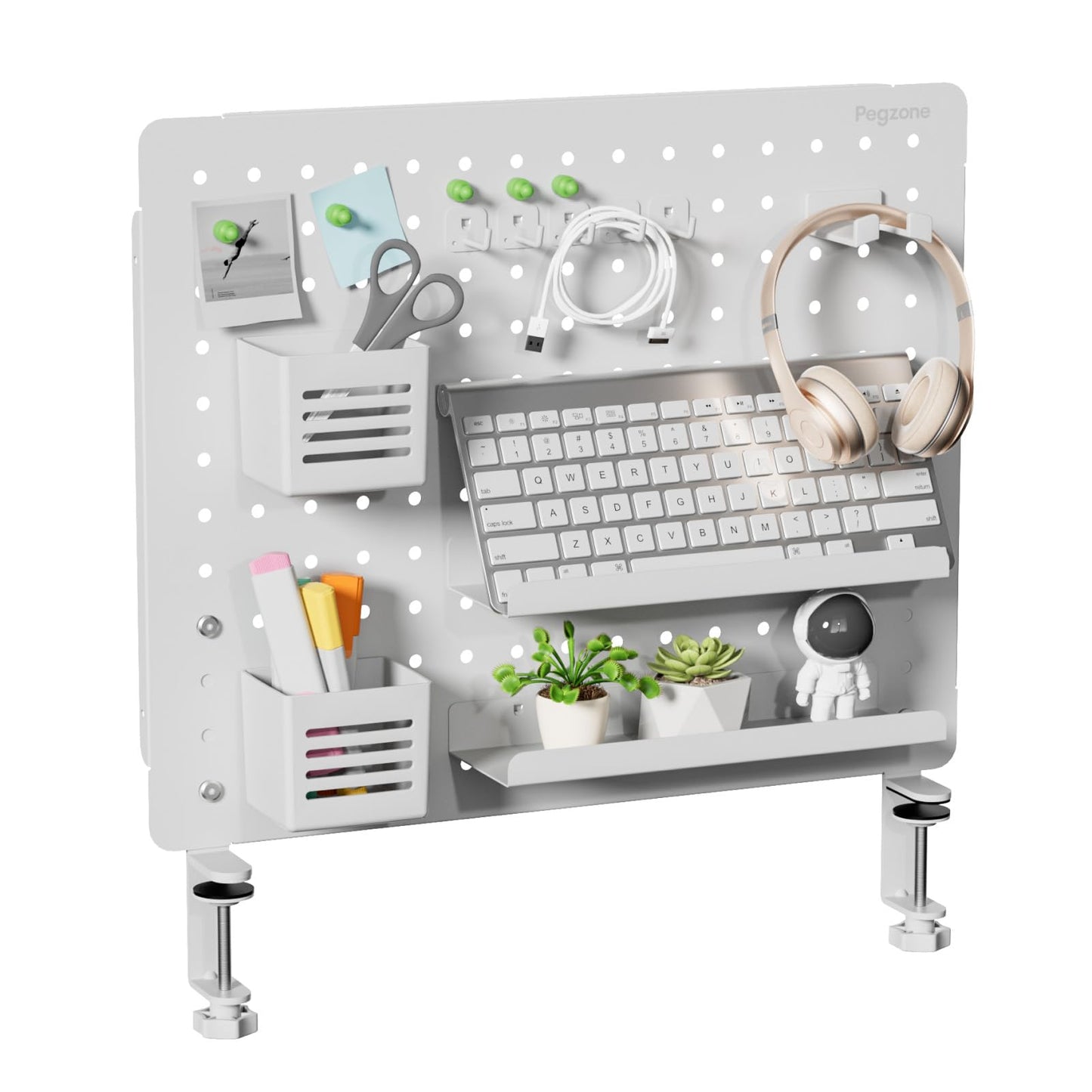 PEGZONE Clamp-on Desk Pegboard, Desk Organizer for Office Gaming Home, Magnetic Metal Peg Board with 15 Accessories, Privacy Panel for Office, 20.4" x 16.5", Large, White