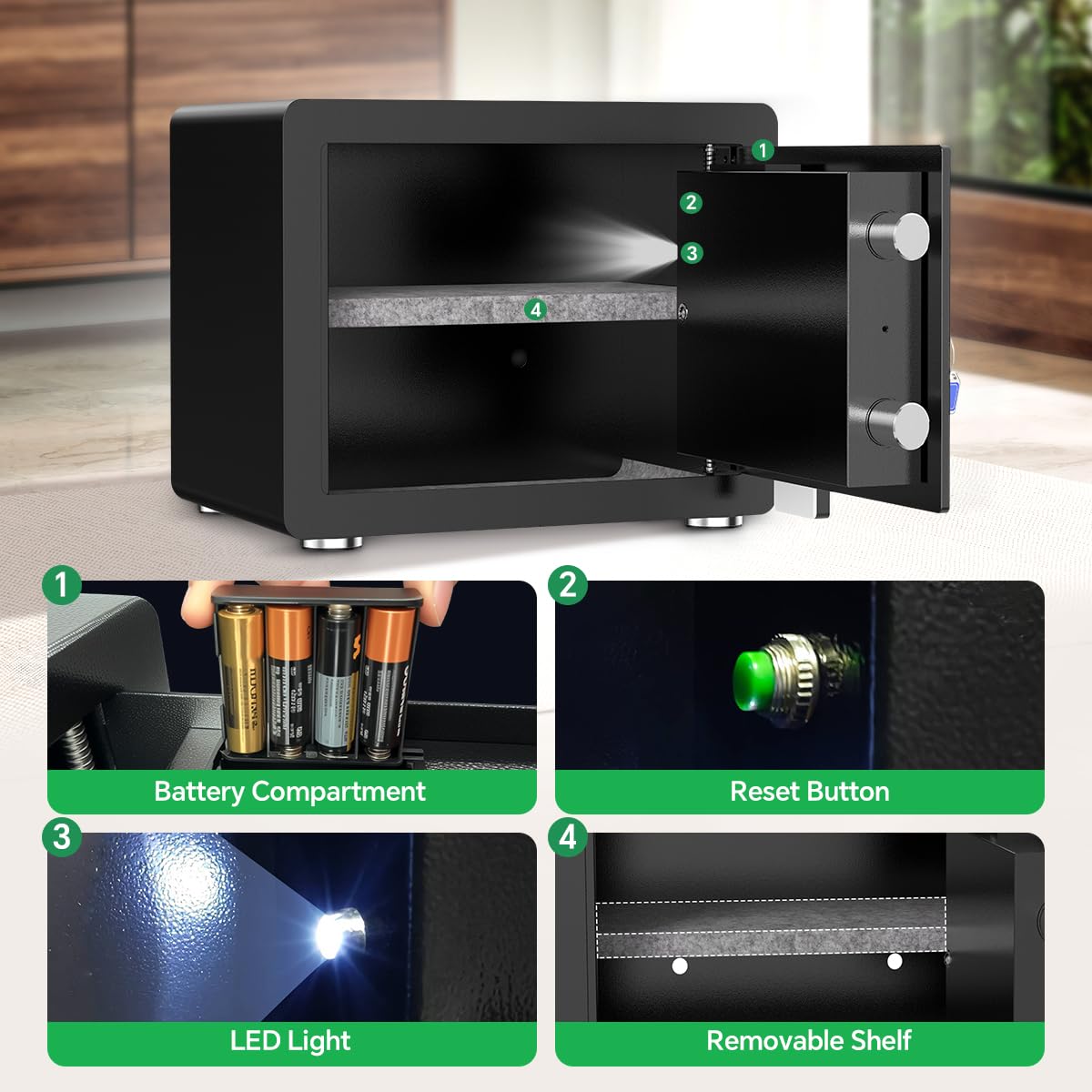 1.2 Cub Safe Box with Digital Keypad & Alarm System - Electronic Lock Box for Jewelry Cash with Adjustable Shelves - Includes LED Light & Fireproof and Waterproof Bag