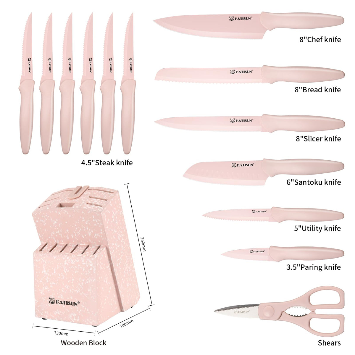 Knife Set, 15 Pieces Knives Sets for Kitchen with Block, Dishwasher Safe Kitchen Knife Set with Built in Sharpener Block, German High Carbon Stainless Steel Knife Block Set with Pink Nonstick Coating