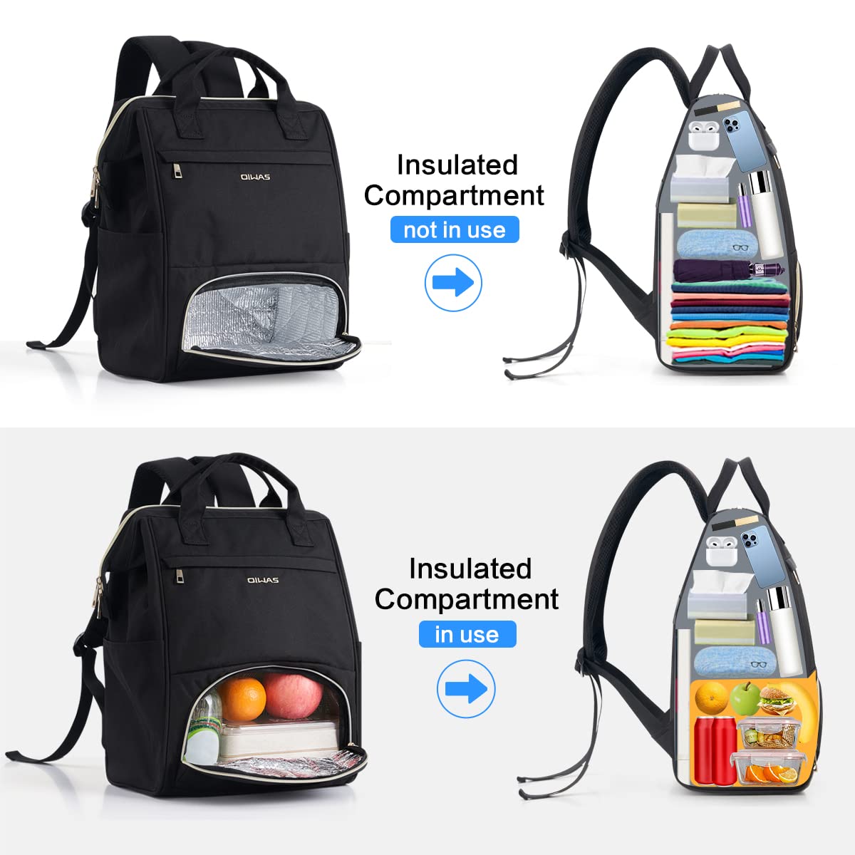 OIWAS Lunch Backpack for Women and Men, 15.6 inch Laptop Backpack with Insulated Compartment, Work Backpack with USB Port, Lunch Bag Suitable for Travel Work Picnics Hiking, Black
