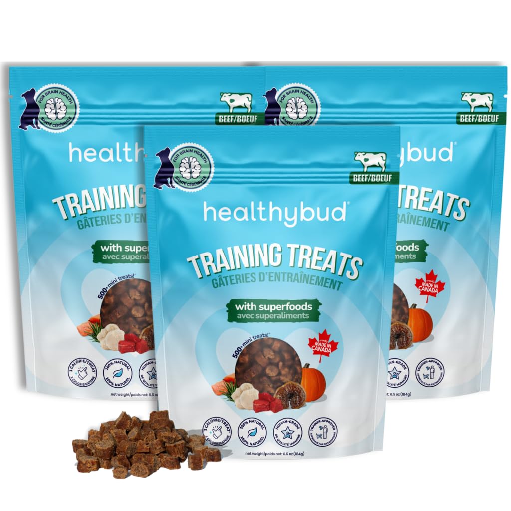 Healthybud Beef Mini Training Treats for Dogs Low-Calorie Soft Liver Treats for Puppies & Small Dogs with Reishi Lion’s Mane Pumpkin Salmon Oil Grain-Free and Made in Canada 6.5oz 3Pack Made in Canada