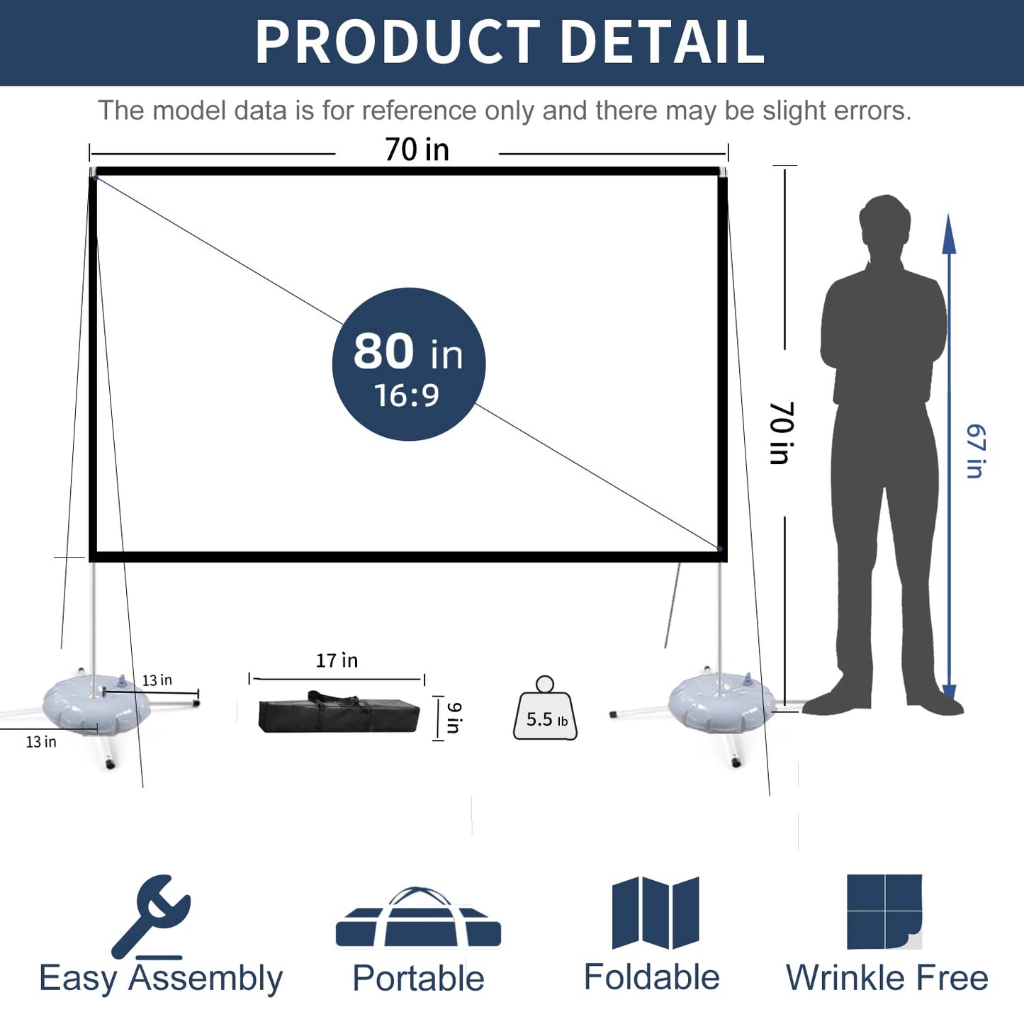 Projector Screen with Stand - Portable Outdoor Movie Screen with Carrying Bag, 16:9 4K HD Projection Screen with Quadrupod for Camping Indoor Home Party (80 inch)