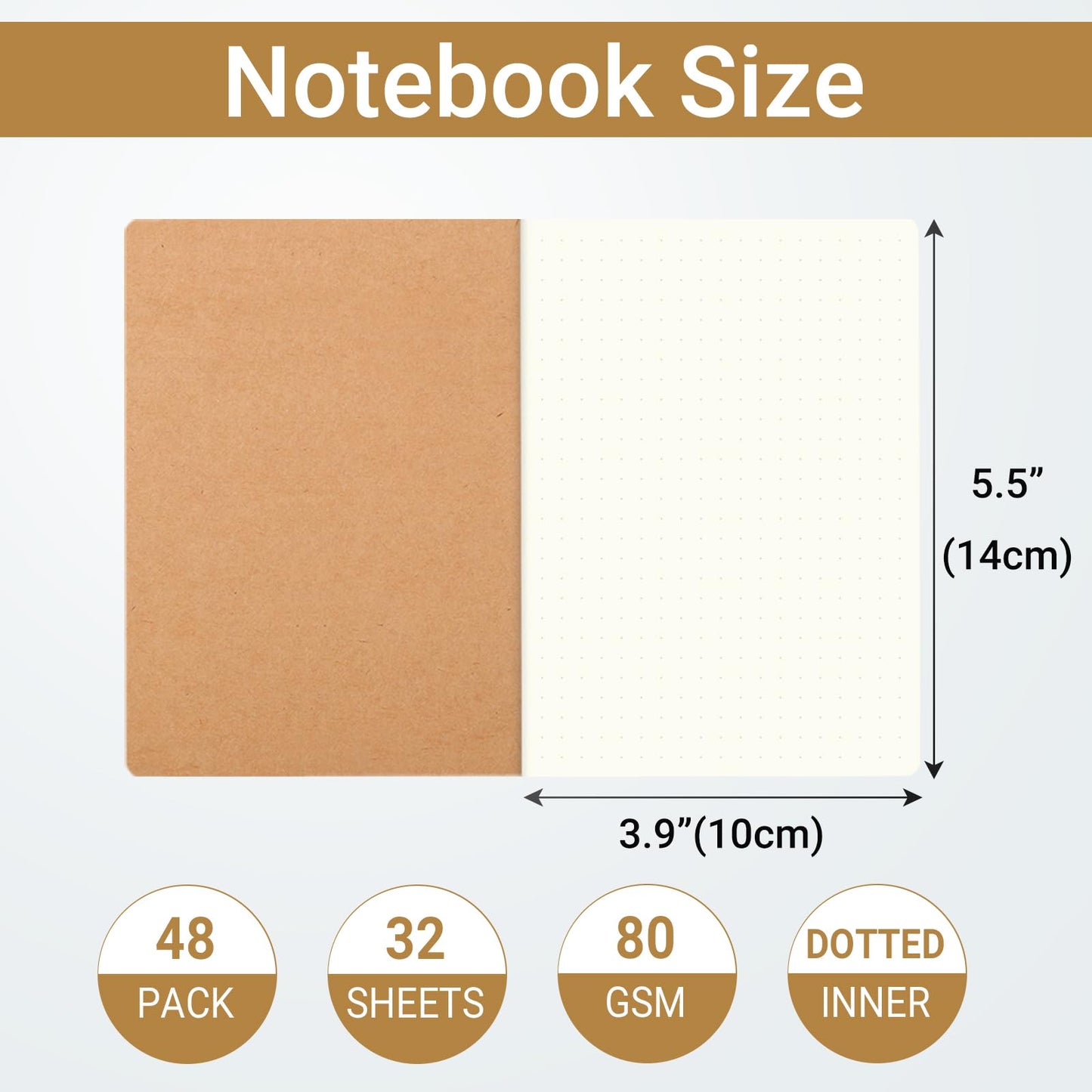 zmybcpack 48 Pack Dot Grid Paper Notebooks Bulk 14x10cm, Kraft Cover Dotted Notebook, A6 Pocket Dotted Journal for Bullet Journaling, Students & Office (30 Sheets / 60 Dot Grid Pages)