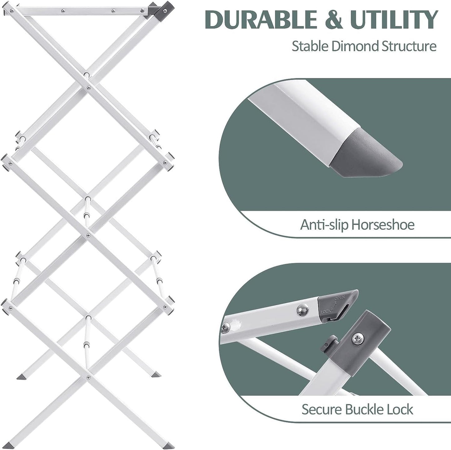 Stanz (TM) Large Expandable Clothes Drying Rack Fold Away Laundry Rack Collapsible 3 Tiers Clothes Drying Rack Steel Max. 30" / 76CM Long No Assemble Needed, Ready to Use