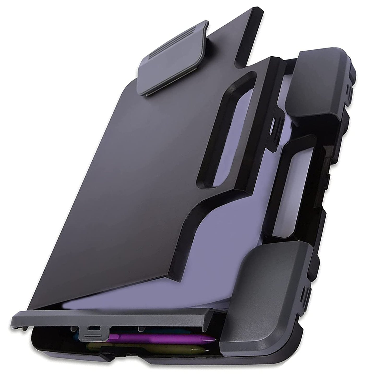 Tradetop Portable Clipboard Folder with Storage, Plastic Storage Case with Side-Opening, Heavy Duty Clipboard, A4 Size Writing for Office, 14.5"x12"x 1.75", Black