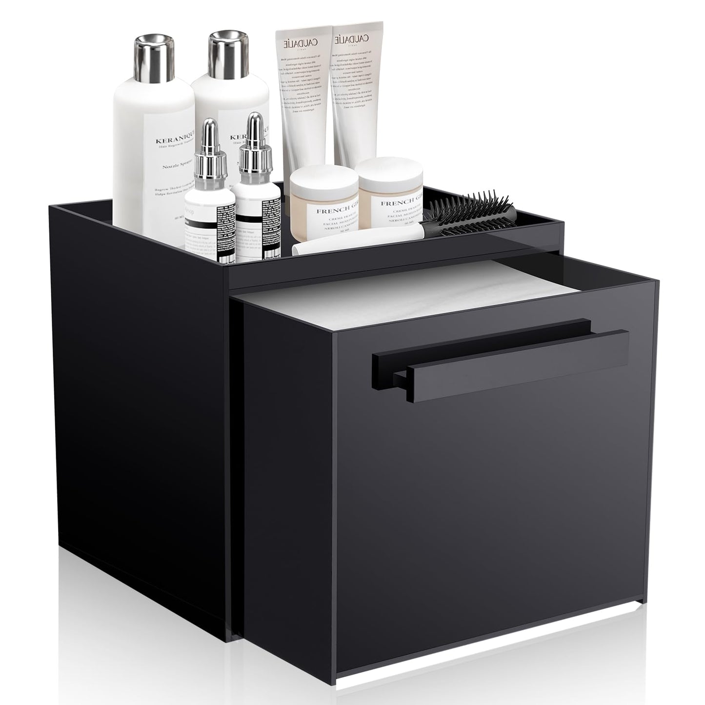 TAINESS Disposable Face Towel Storage Box Compatible with Clean Skin Club Clean Towel XL Acrylic Cosmetic Organizer Container Box Facial Towels Holder with Drawer Wall-Mounted (Black)