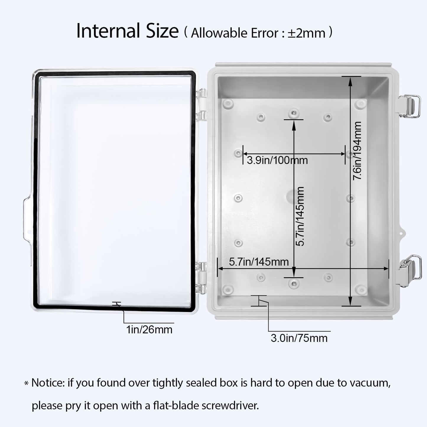 LeMotech ABS Junction Box Hinged Clear Cover Stainless Steel Latch IP67 Waterproof Enclosure with Mounting Plate Wall Bracket for Electrical Project 8.7x6.7x4.3 inch (220x170x110mm)