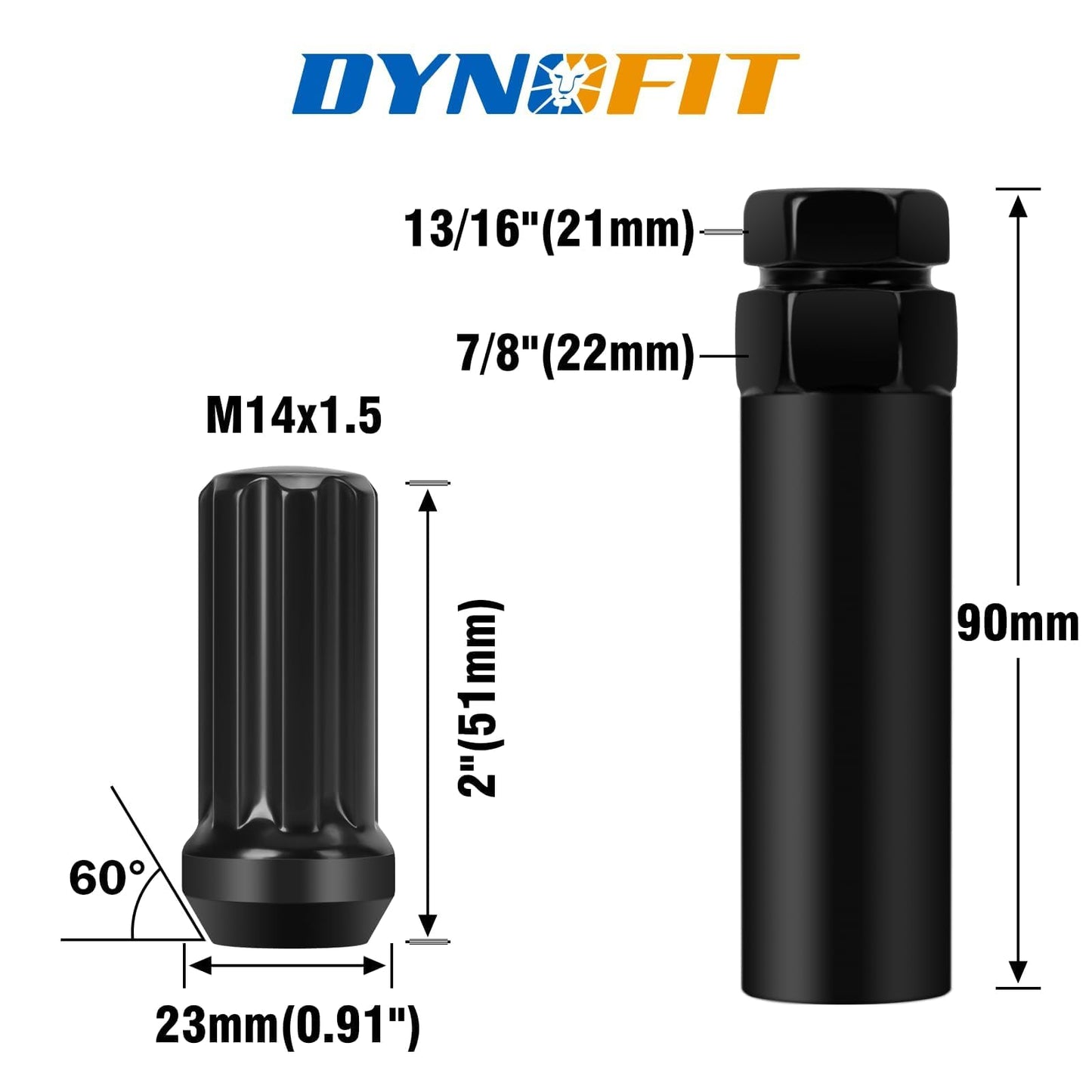 Dynofit M14x1.5 Spline Lug Nuts Black - Cone Bulge Seat Compatible with Chevy GMC Ford Cadillac Lincoln & More 6-Lug Wheels | Includes 1Pcs Socket Key, Closed End, Durable Aftermarket Replacement