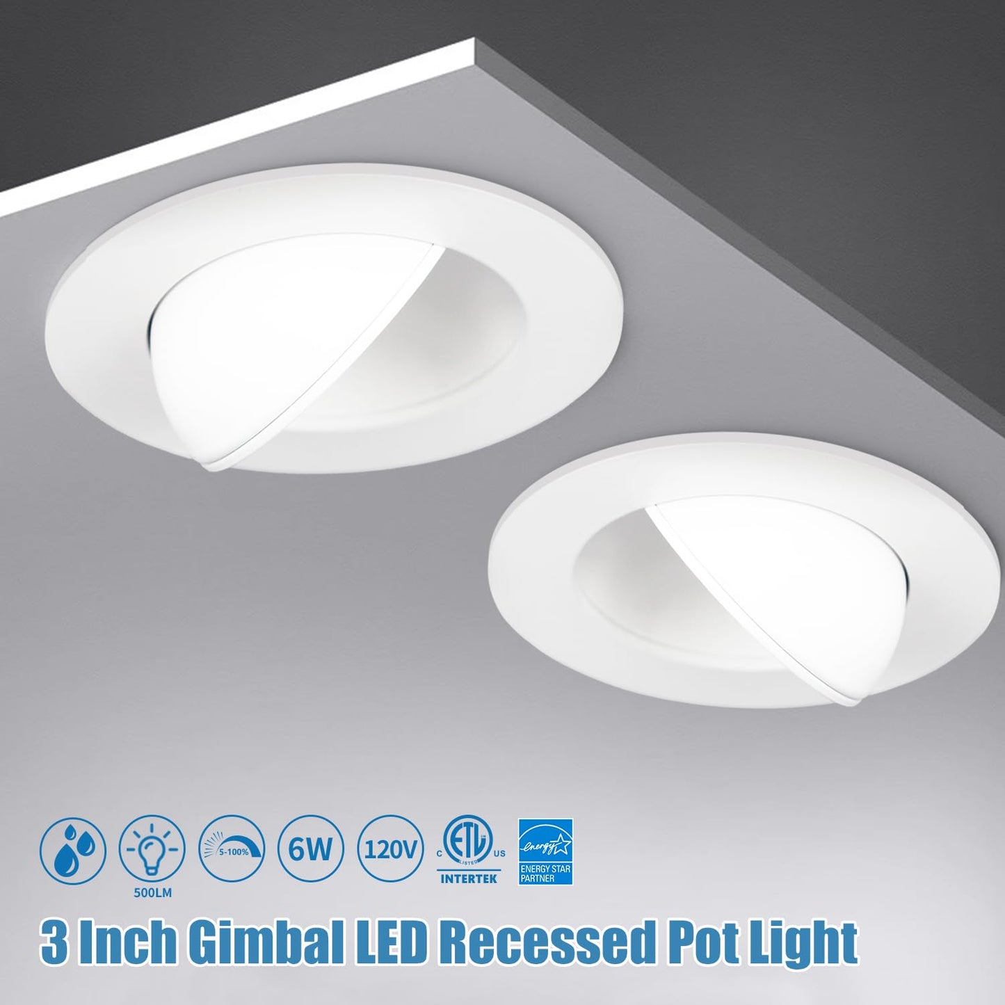 GCN LIGHT Gimbal 2700K/3000K/3500K/4000K/5000K Adjustable 3 Inch 6W 500LM Dimmable LED Recessed Pot Light, IC Rated LED Slim Panel/Downlight with Junction Box, (6 Pack)