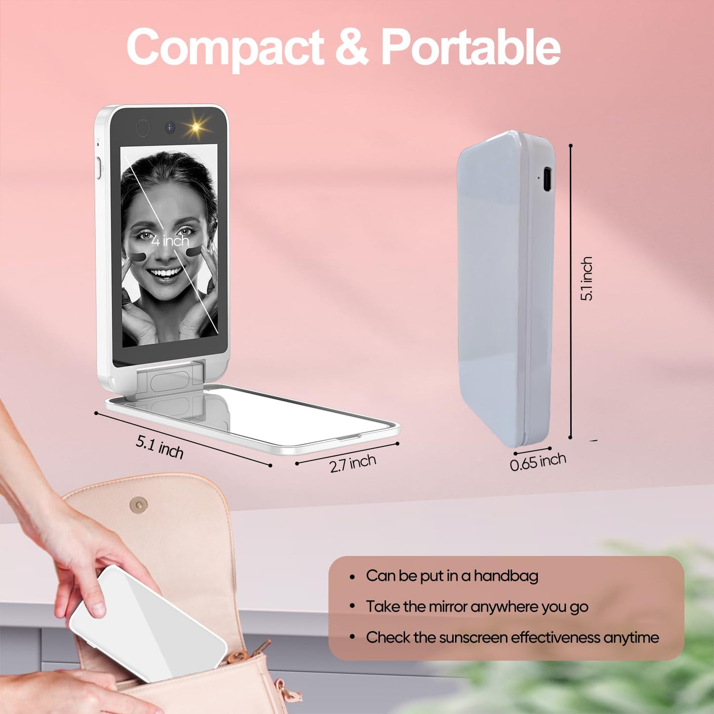 Vanexiss UV Camera for Sunscreen Test UV Mirror Sunscreen Camera, 4 Inch Vanity Mirror Rechargeable Compact Travel Makeup Mirror Handheld Double-Sided Pocket Mirror for Skin Protection(White)