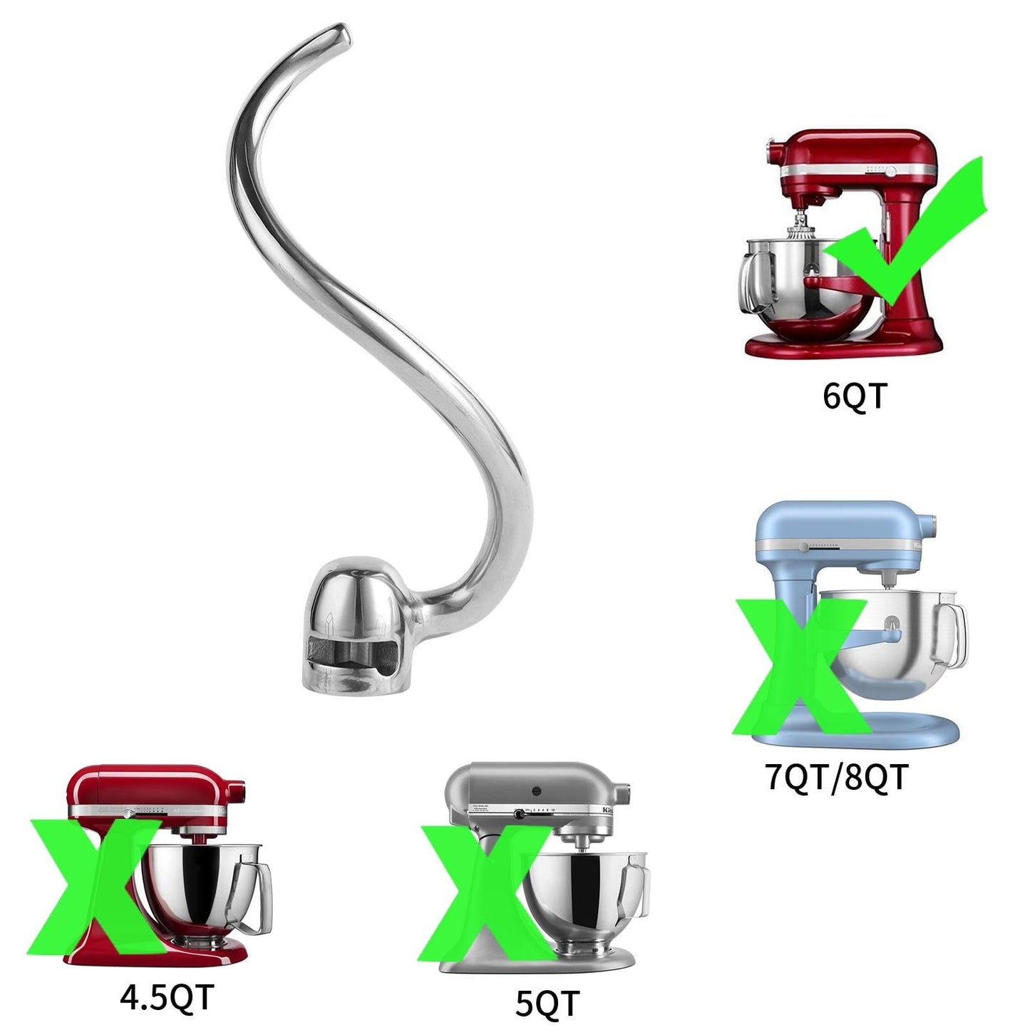 Stainless Steel Spiral Dough Hook Compatible with KitchenAid 5 Plus- 6QT Mixer,Bowl Lift Stand Mixer Accessory, Dough Hook,Rust Resistant, Effectively Kneads Bread,Pizza and Biscuits,Dishwasher Safe